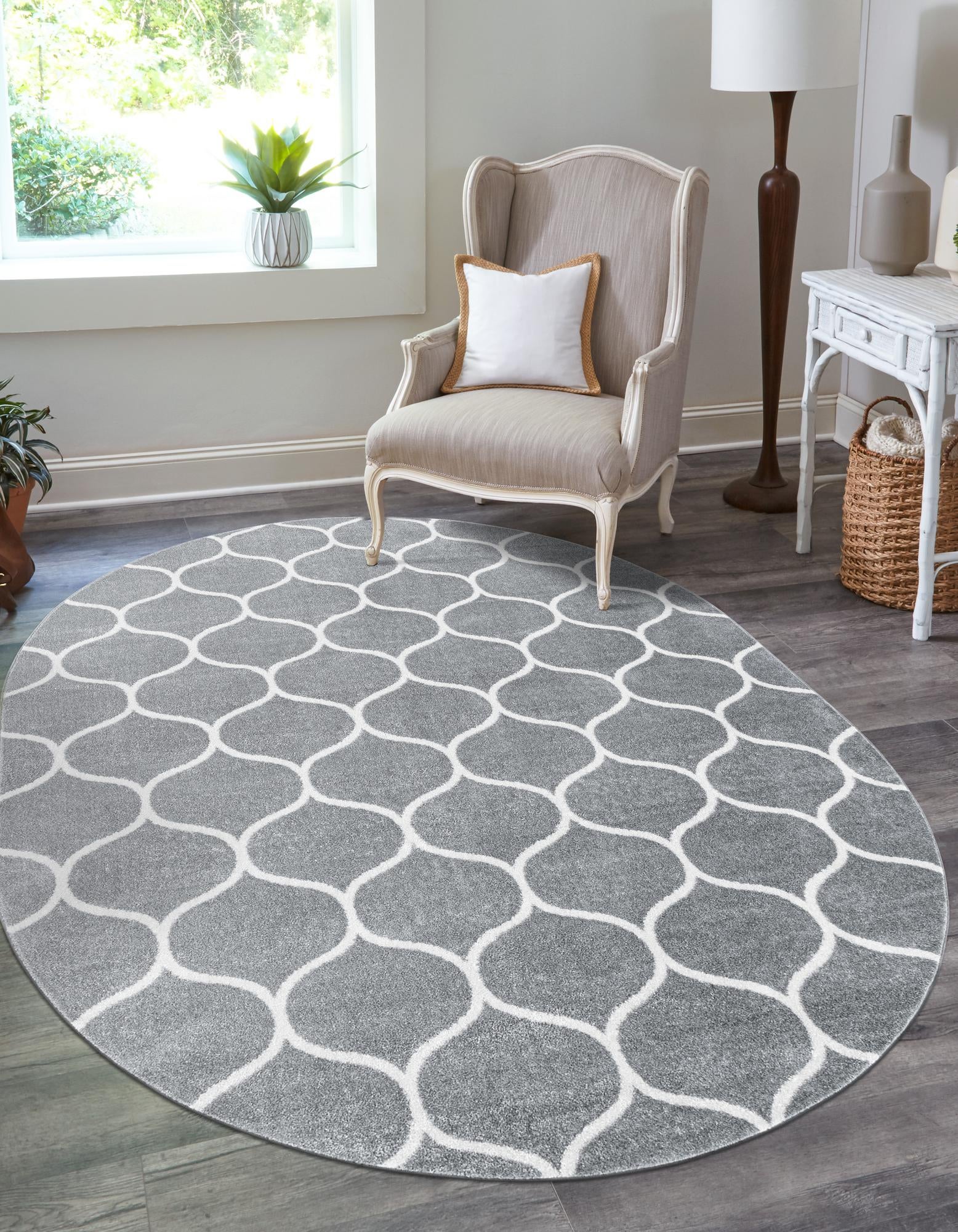Unique Loom 3151570 Trellis Frieze 3 x 5 (ft) Loomed Polypropylene Light Gray Oval Indoor Trellis Area rug