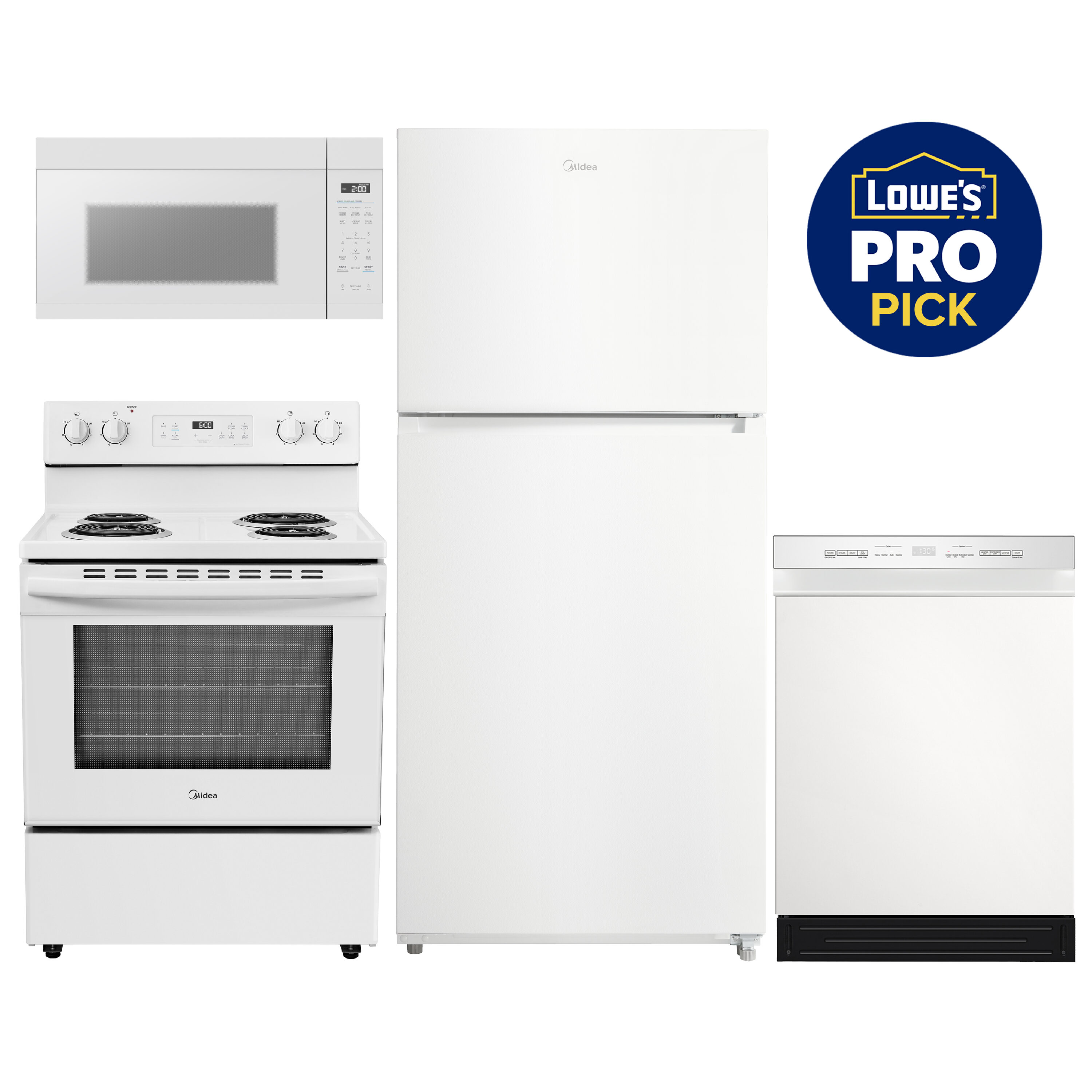 Midea Pro-Approved: White Kitchen Suite (Includes a Top-Freezer Refrigerator, Freestanding Electric Range, Built-In Dishwasher, and Over-the-Range Microwave)