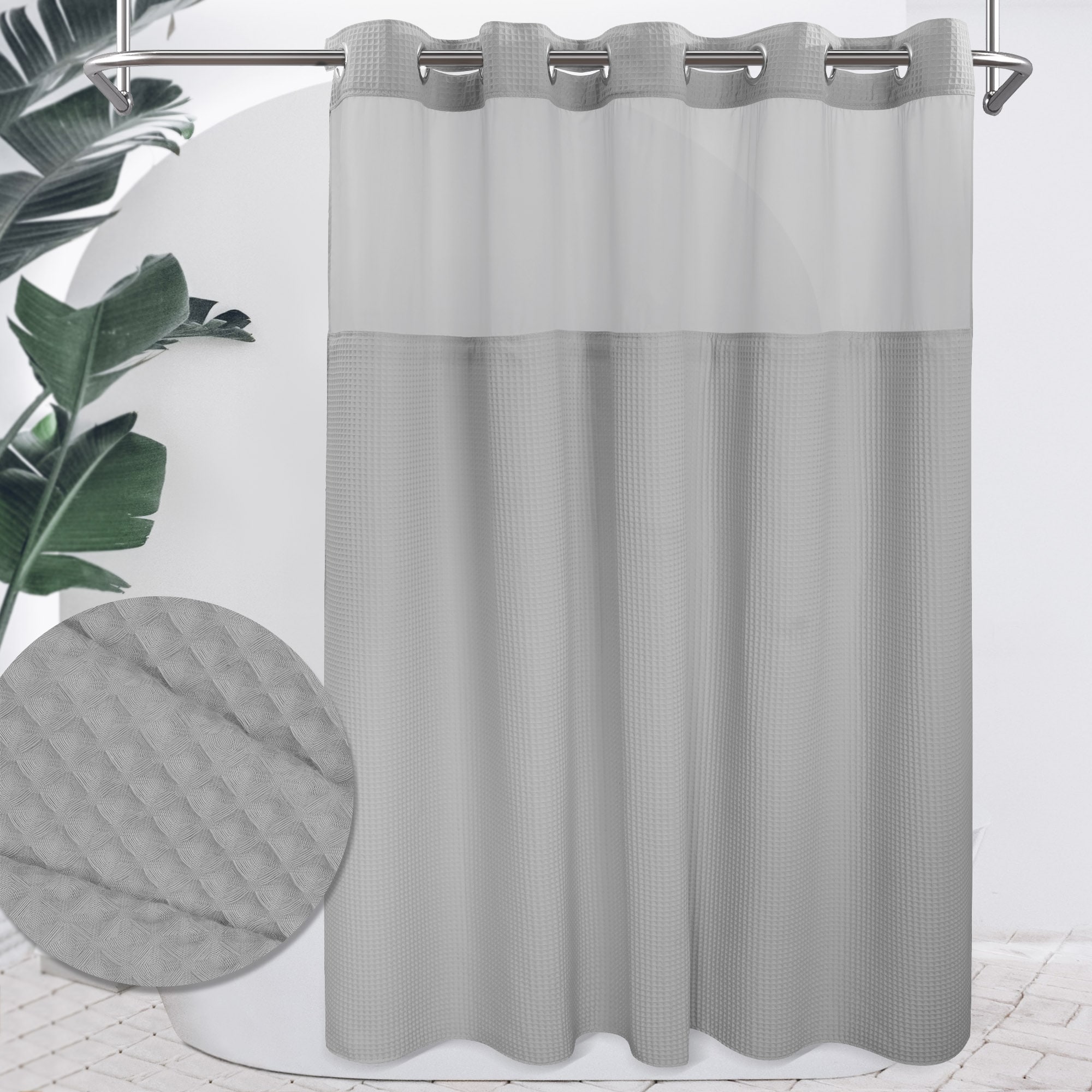Awesome Home No Hook 71-in W x 86-in L Grey Honeycome Waffle Woven Cotton Blend Shower Curtain with Snap-in Liner