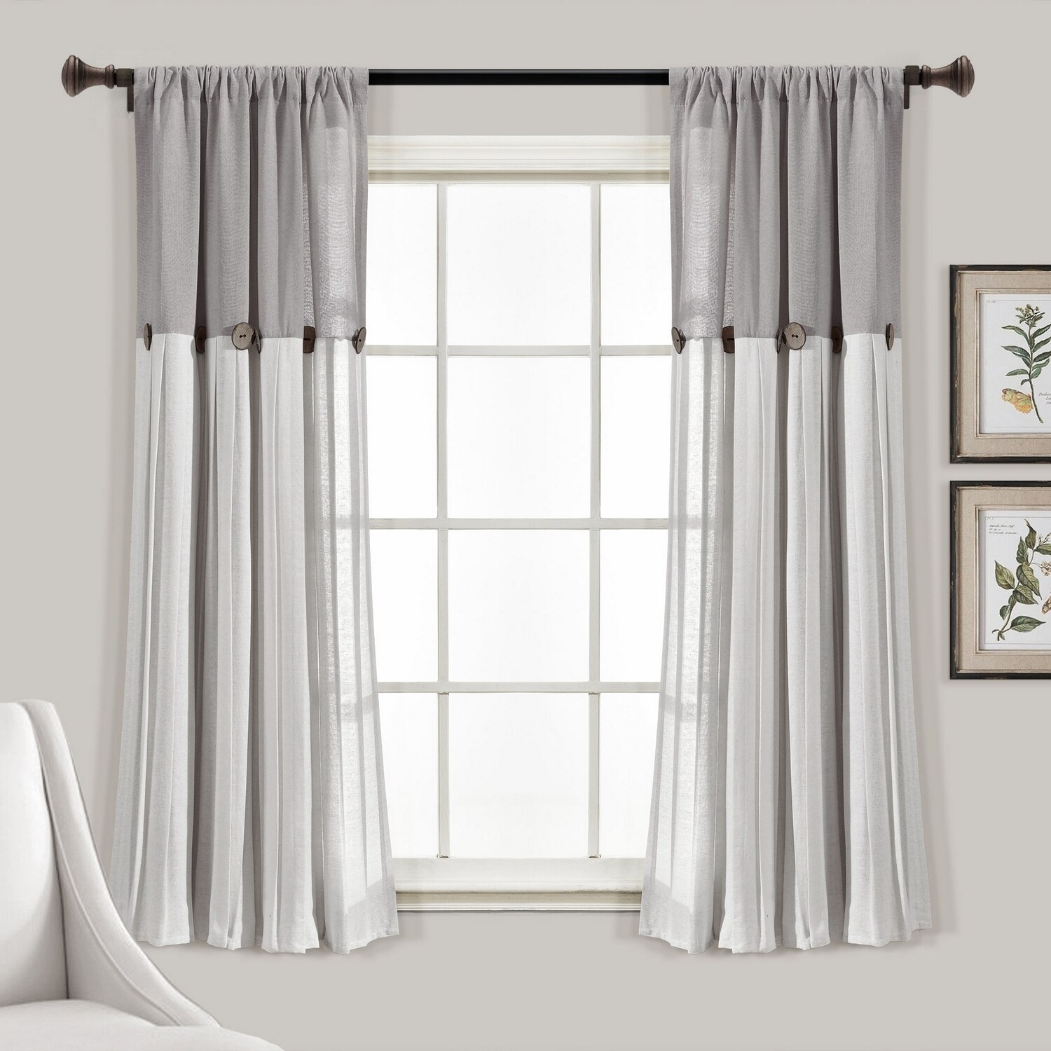 Gray and Off-White Linen Button Window Curtain Panel