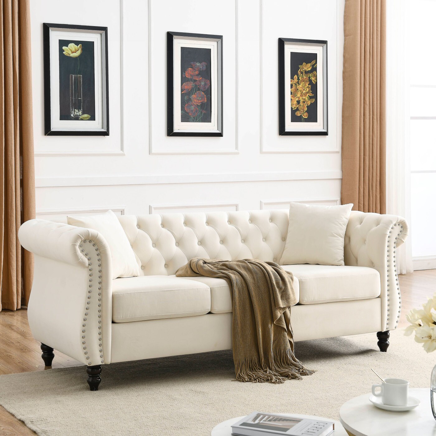 CHITA Beige 3-Seater Curved Velvet Sofa Nailhead Trim Plush Cushion ...