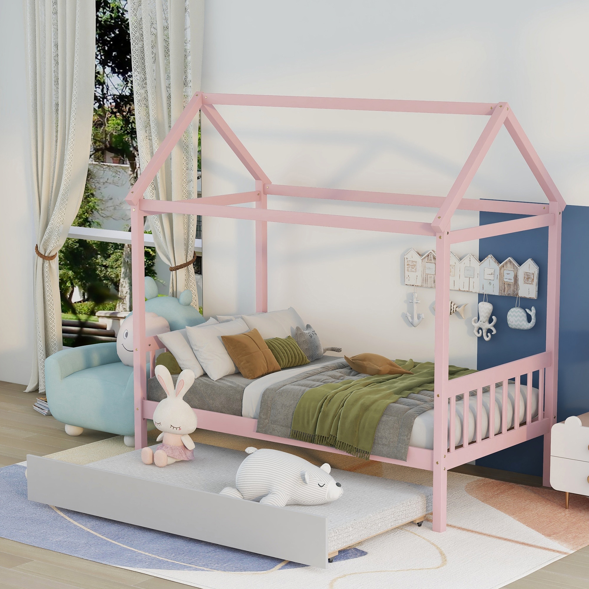 Qualler Pink Twin Trundle Bed with House-Shaped Design for Kids at ...