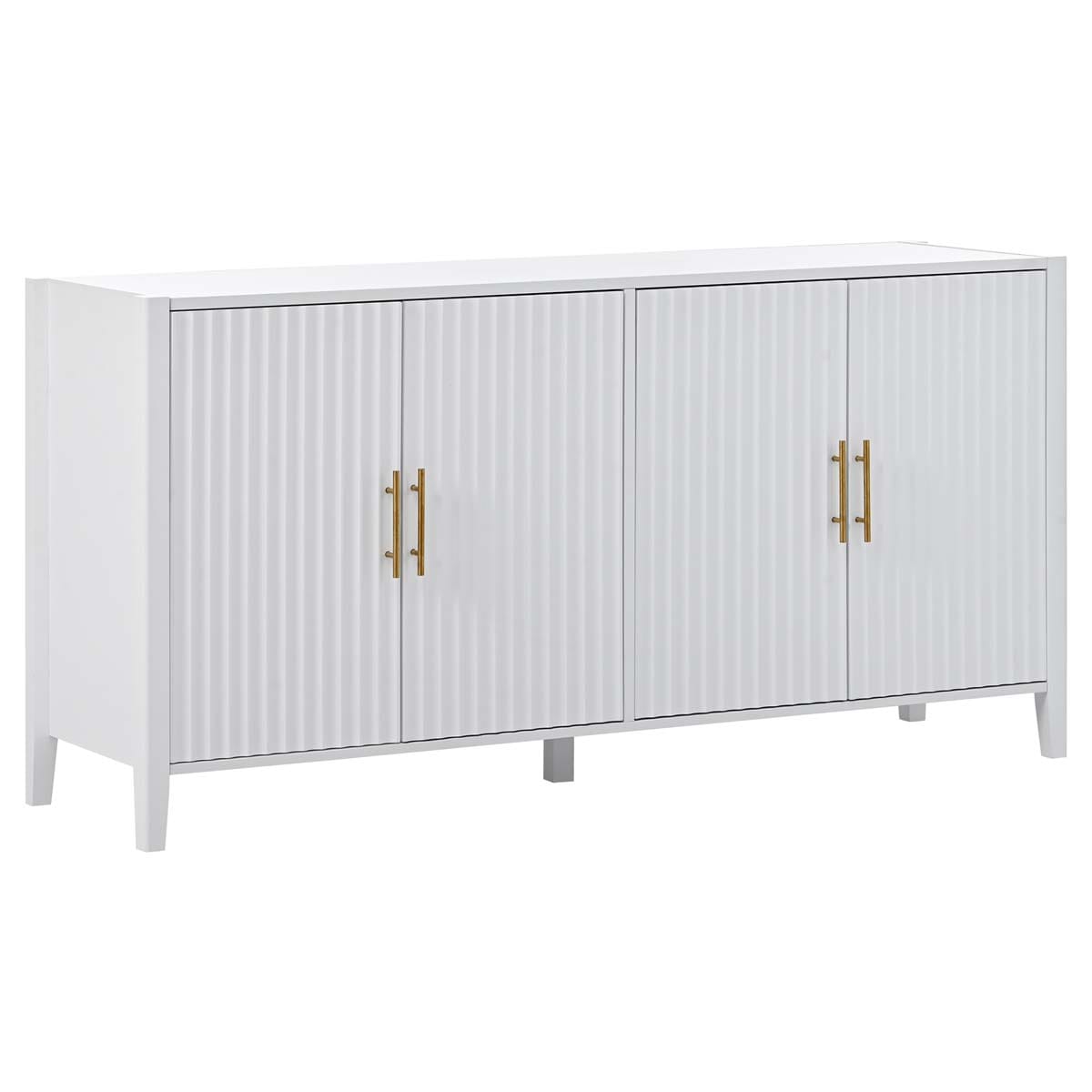 ModernLuxe Assembly Required 61.1inch Modern 4 Vertical Wavy Slatted Doors Sideboard Storage Cabinet With Elegant Design Solid Wood Legs with Painted Metal Handles for Dining Room Living Room Kitchen or Entryway White