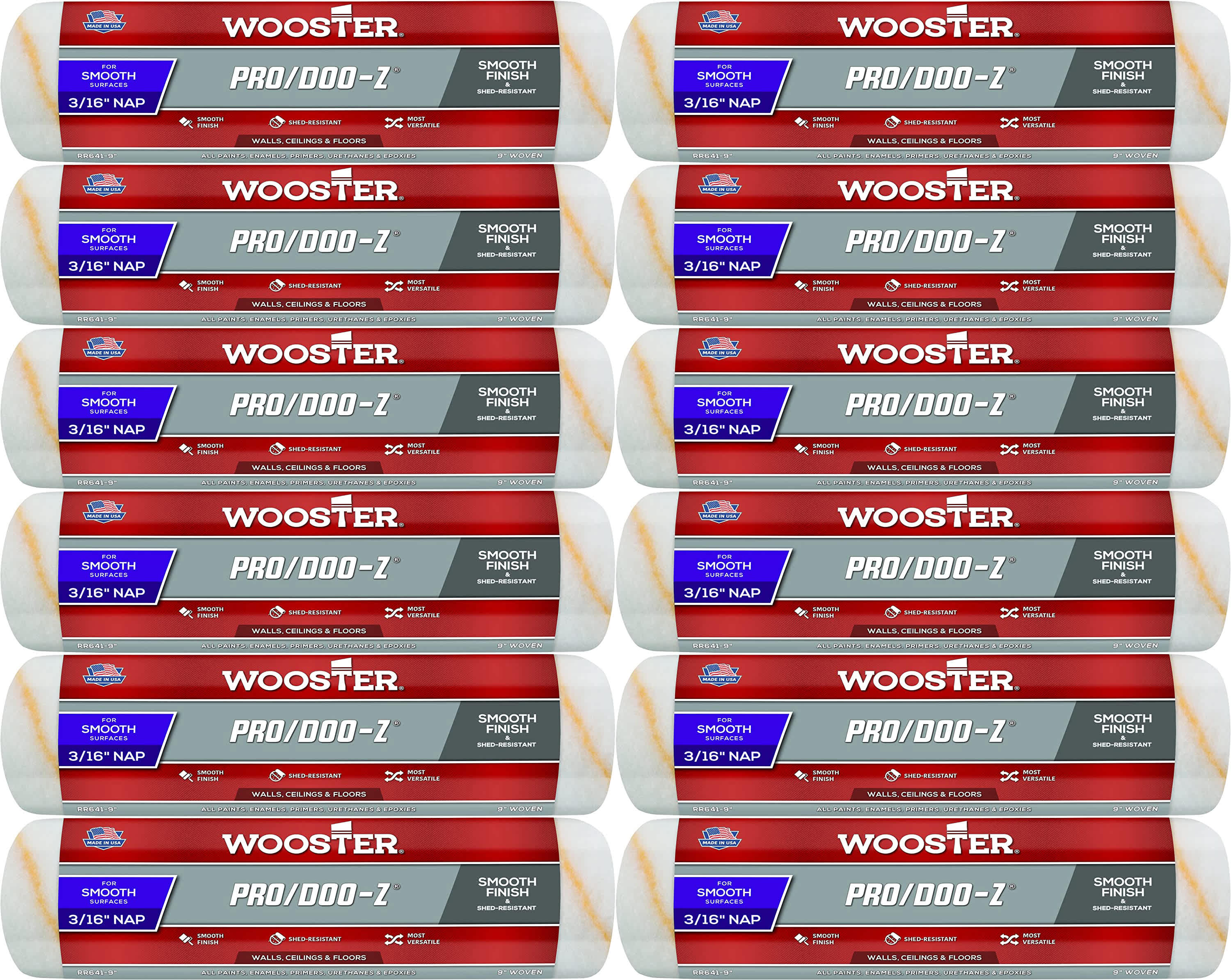 Wooster RR641-9-12PK Genuine 9in Pro/Doo-Z 3/16in Nap Roller Cover 12-Pack RR641-9-12PK
