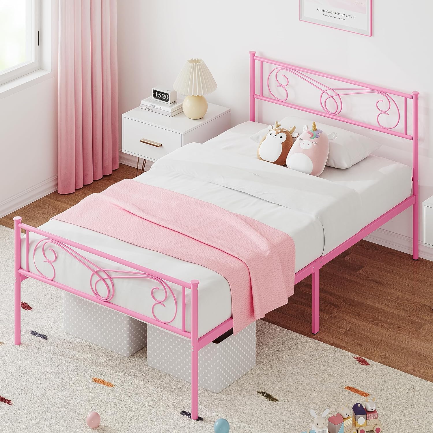 Qeetex LHF-BED-PHO-0XBEQ876 Pink Twin Size Bed Frame with Storage Metal Bed Frame with Vintage Pattern Headboard and Footboard Mattress Foundation Easy Assembly