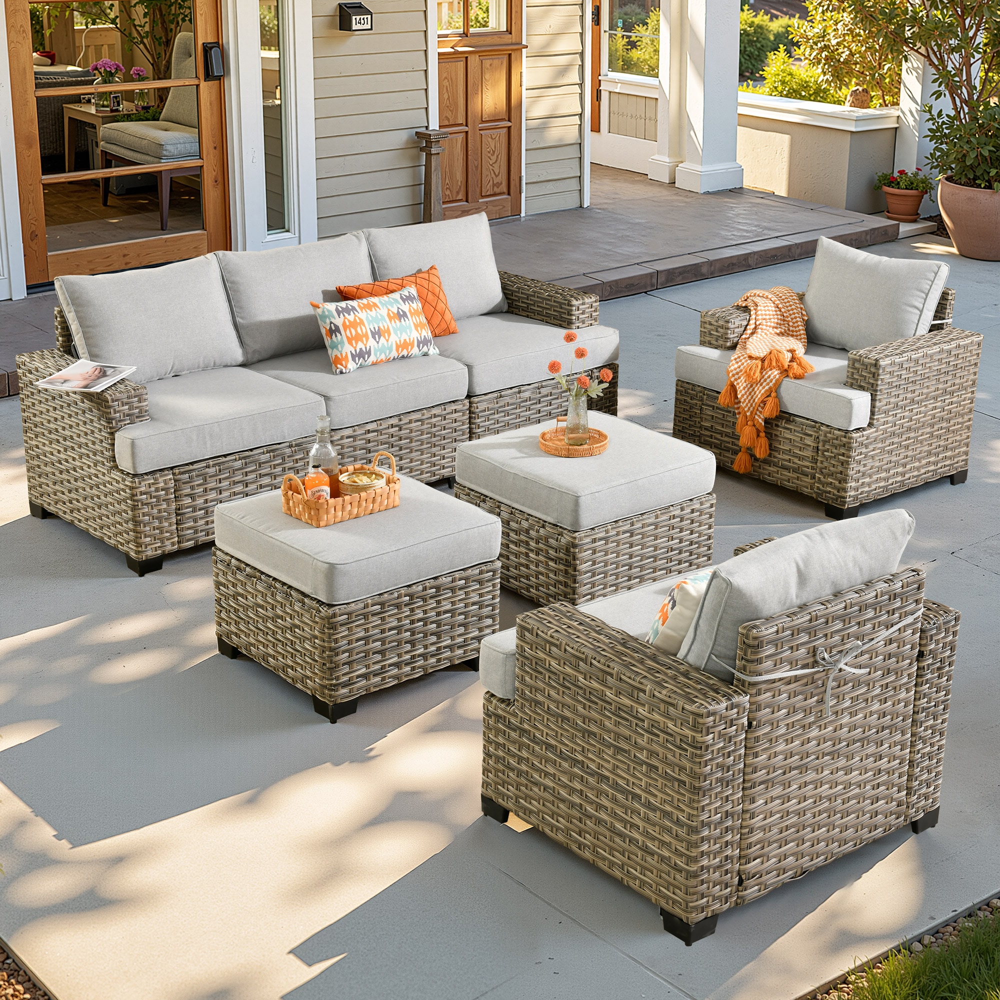 ALTRIGUS 6L-TBS407-AL 7 -Piece Wicker Patio Sofa Conversation Set with Light Gray Cushions