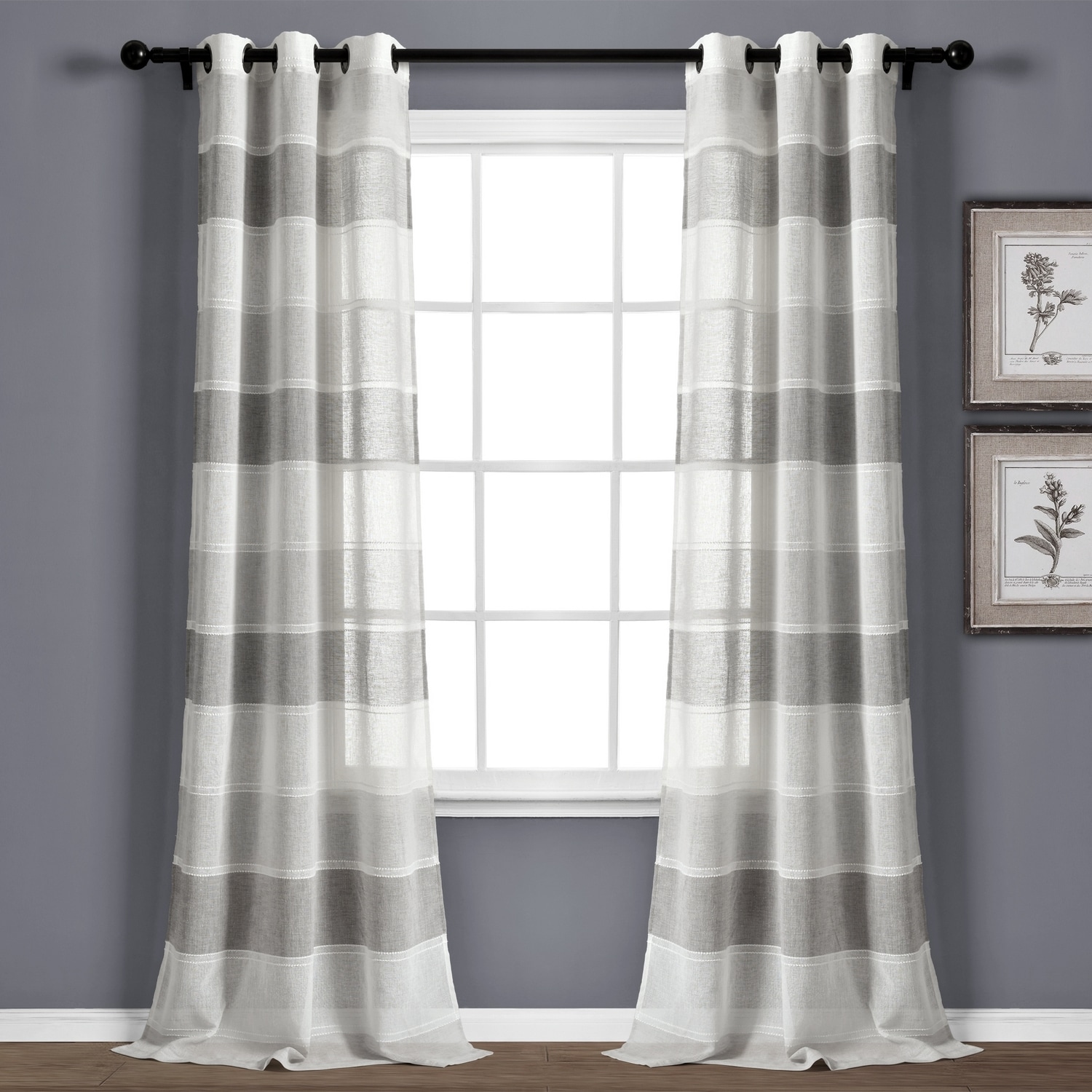 Lush Decor 16T004782 84-Inches Gray Striped Sheer Grommet Curtain panel pair