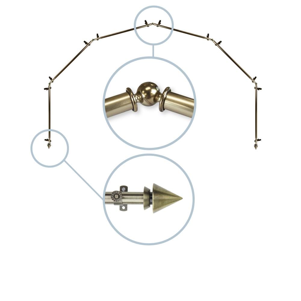 Hart & Harlow L6BAY-65-4 Pyramid 13/16-in 6-sided 28-in to 48-in Antique brass Steel Bay window curtain rod with Finials