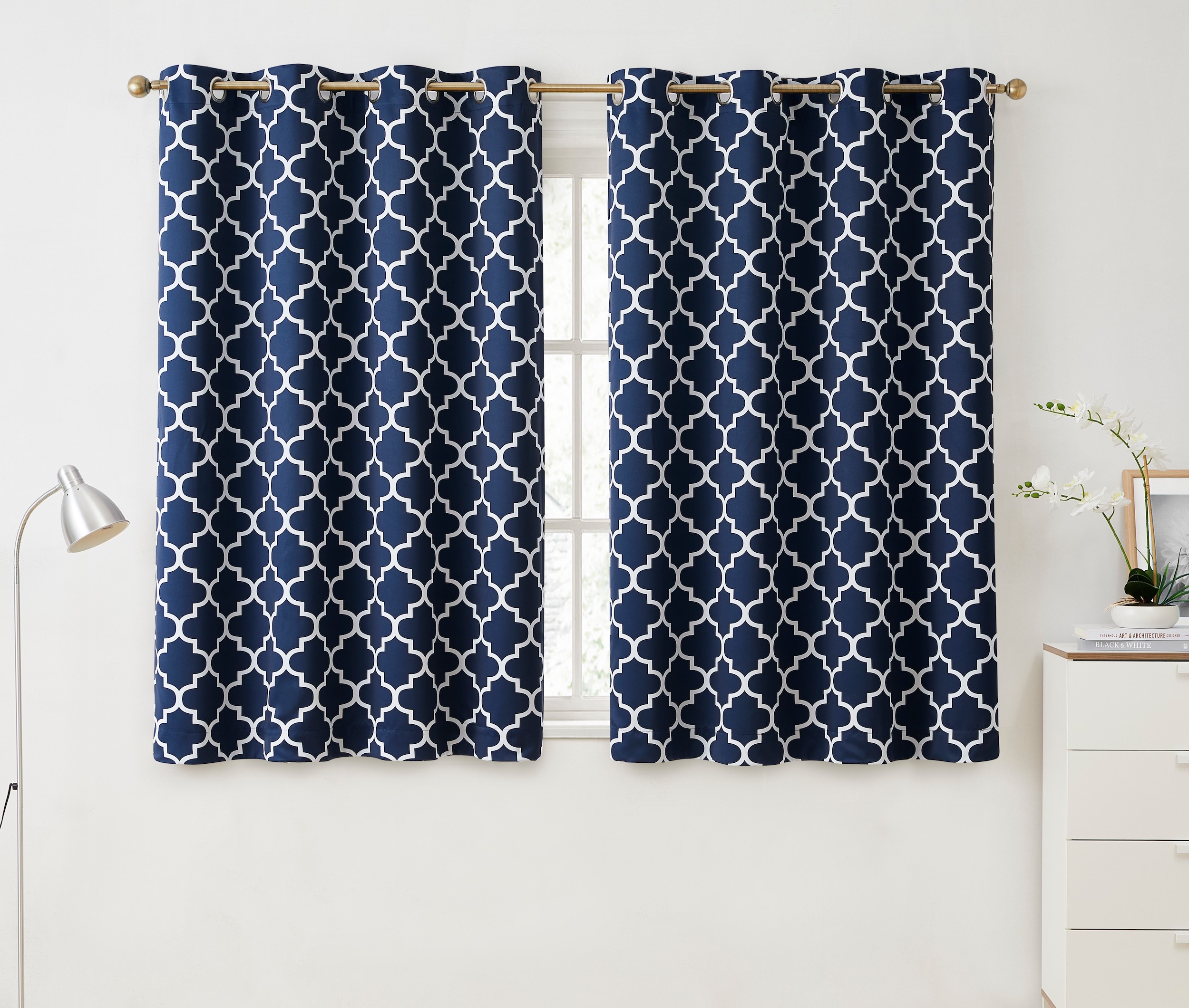 HLC.me LTTCPRNT-45NVY 45-Inches Navy Blue Geometric Room darkening Grommet Curtain panel pair