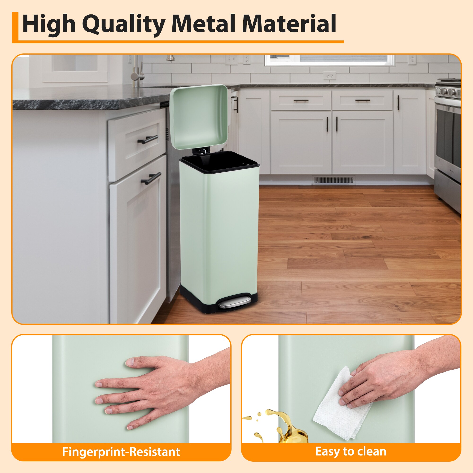 IdealHouse 8 gal Step-On Trash Can Steel Soft-Close Lid and Removable ...