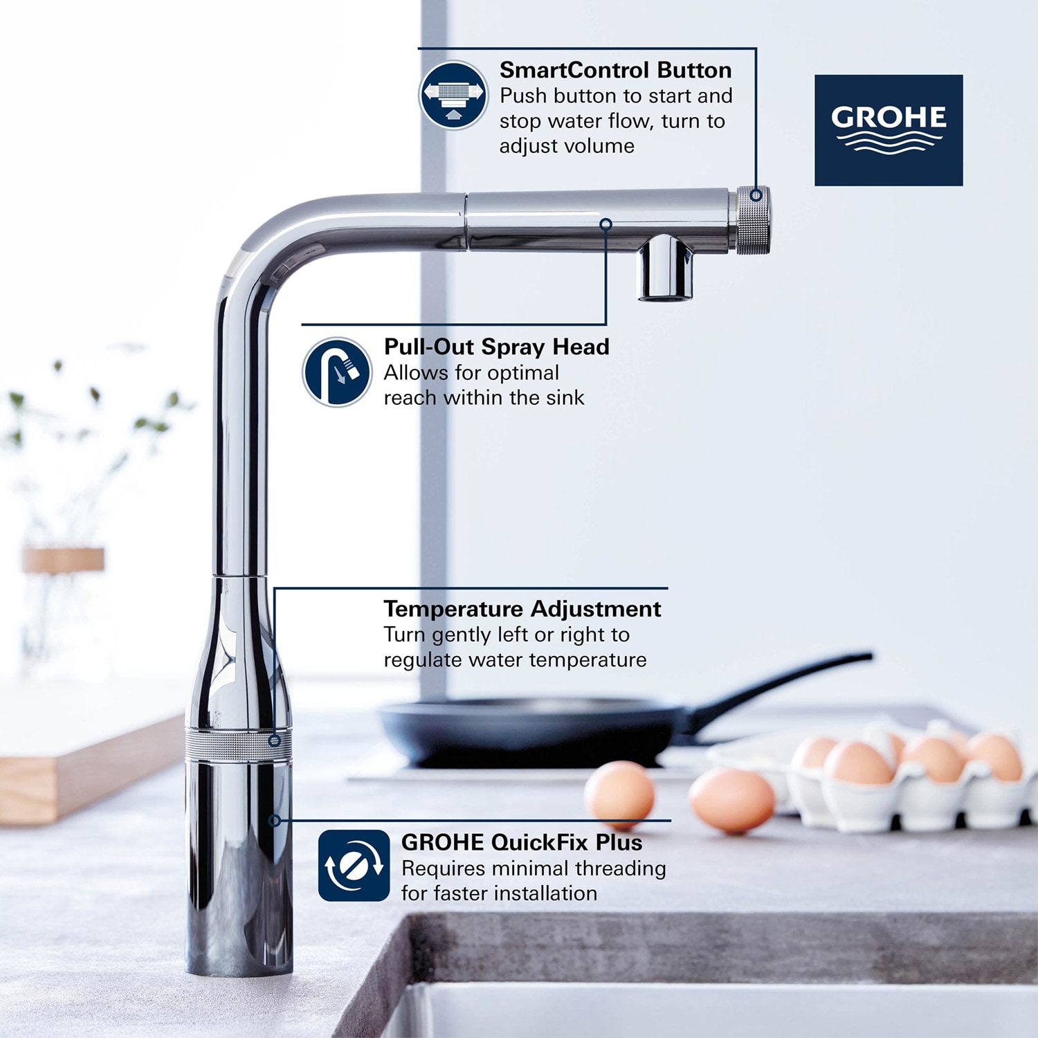 GROHE Essence Starlight Chrome Single Handle Touch On Pull Down Kitchen   65885152 