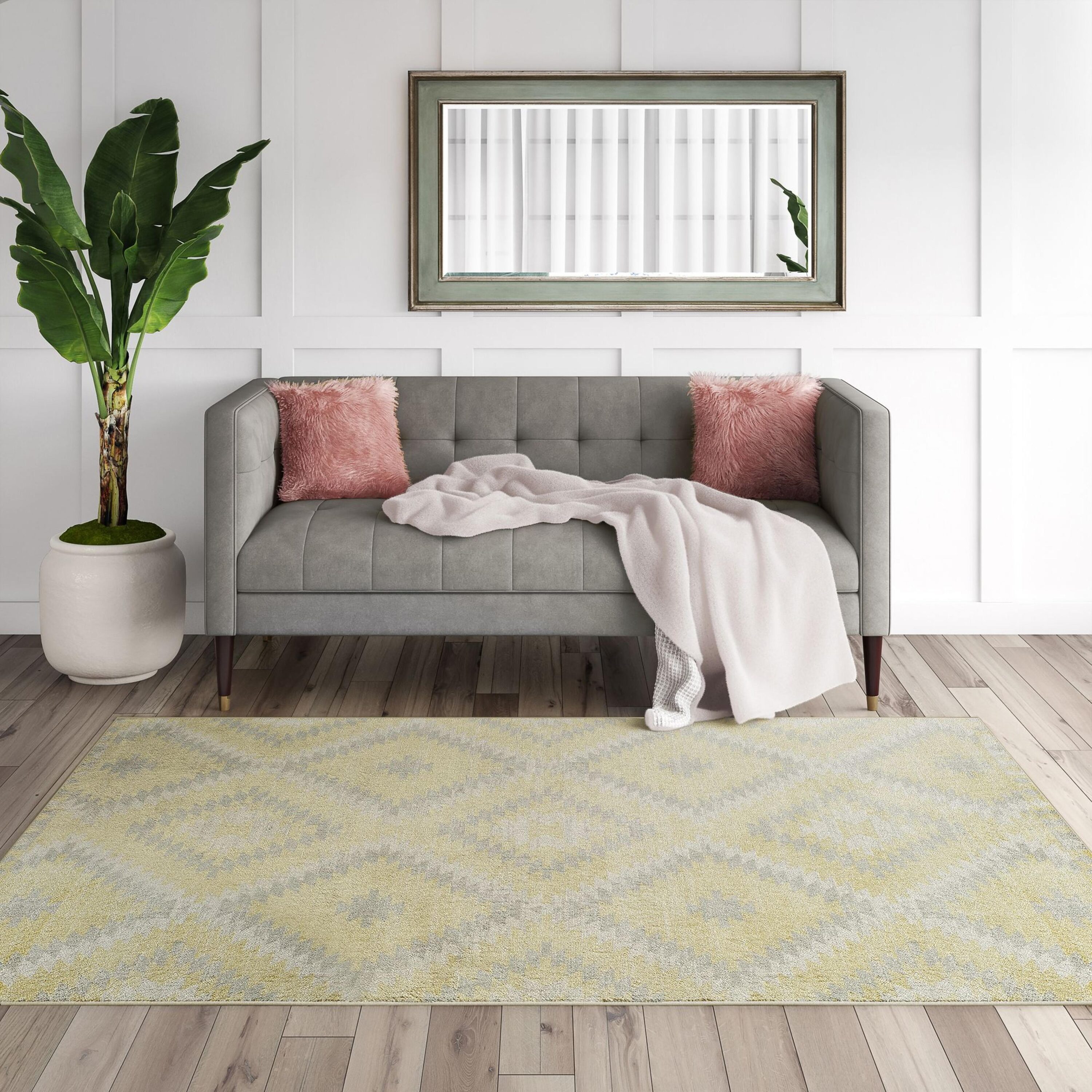 Sunflower Yellow and Gray Synthetic Area Rug, 2' x 4'