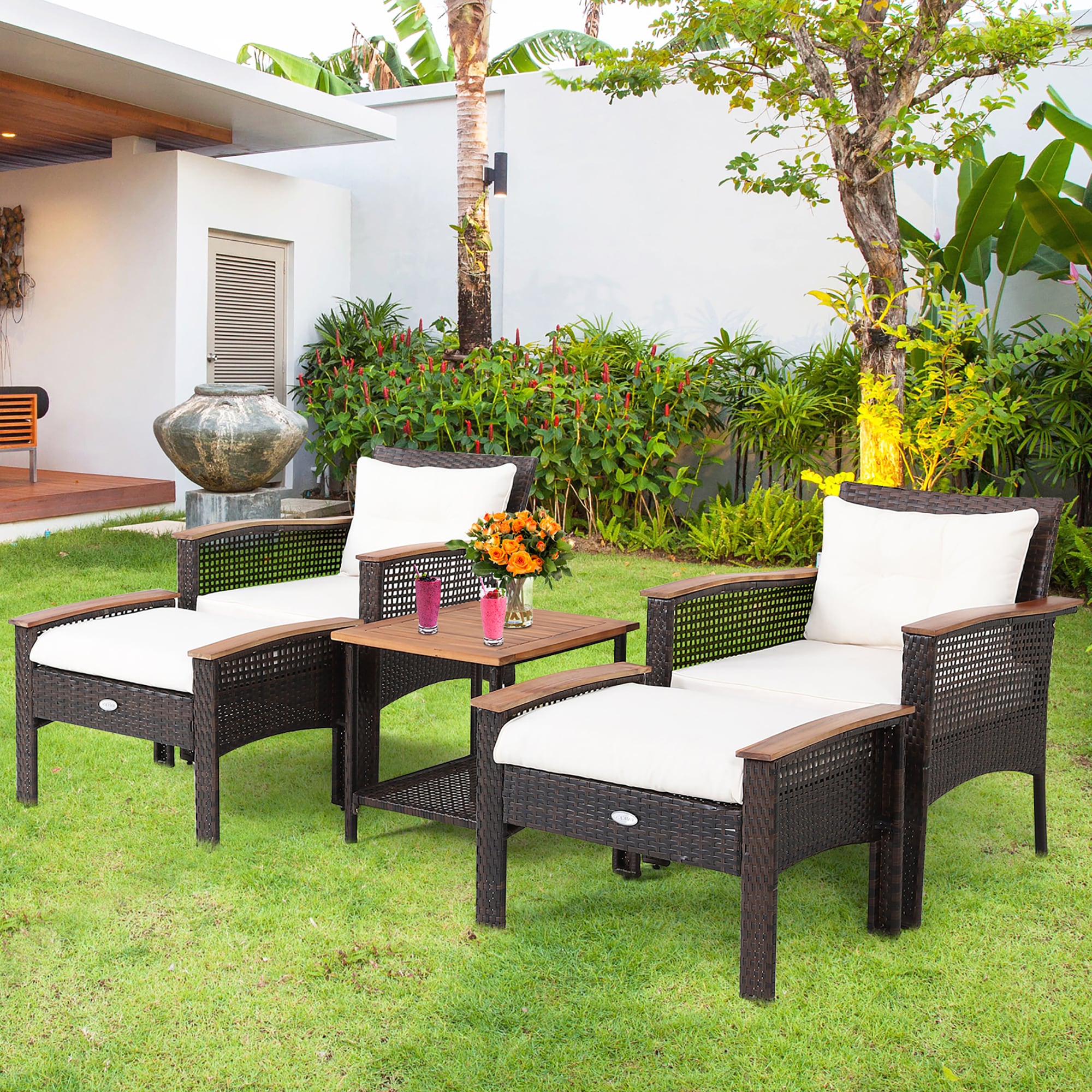Clihome CL-69537+ 5 -Piece Rattan Patio Conversation Set with Off-white polyester Cushions