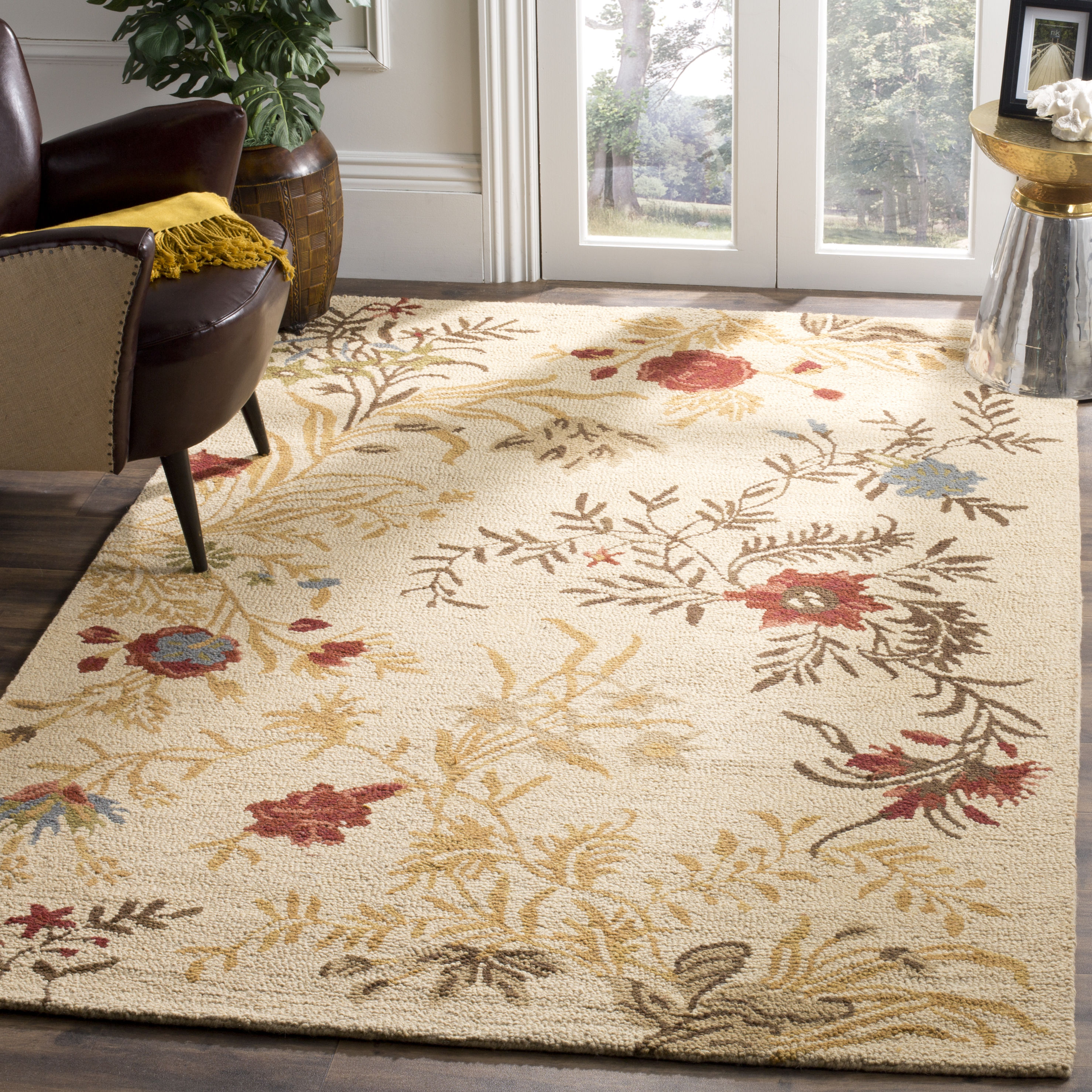 Beige Multicolor Floral Wool 5' x 8' Handmade Area Rug