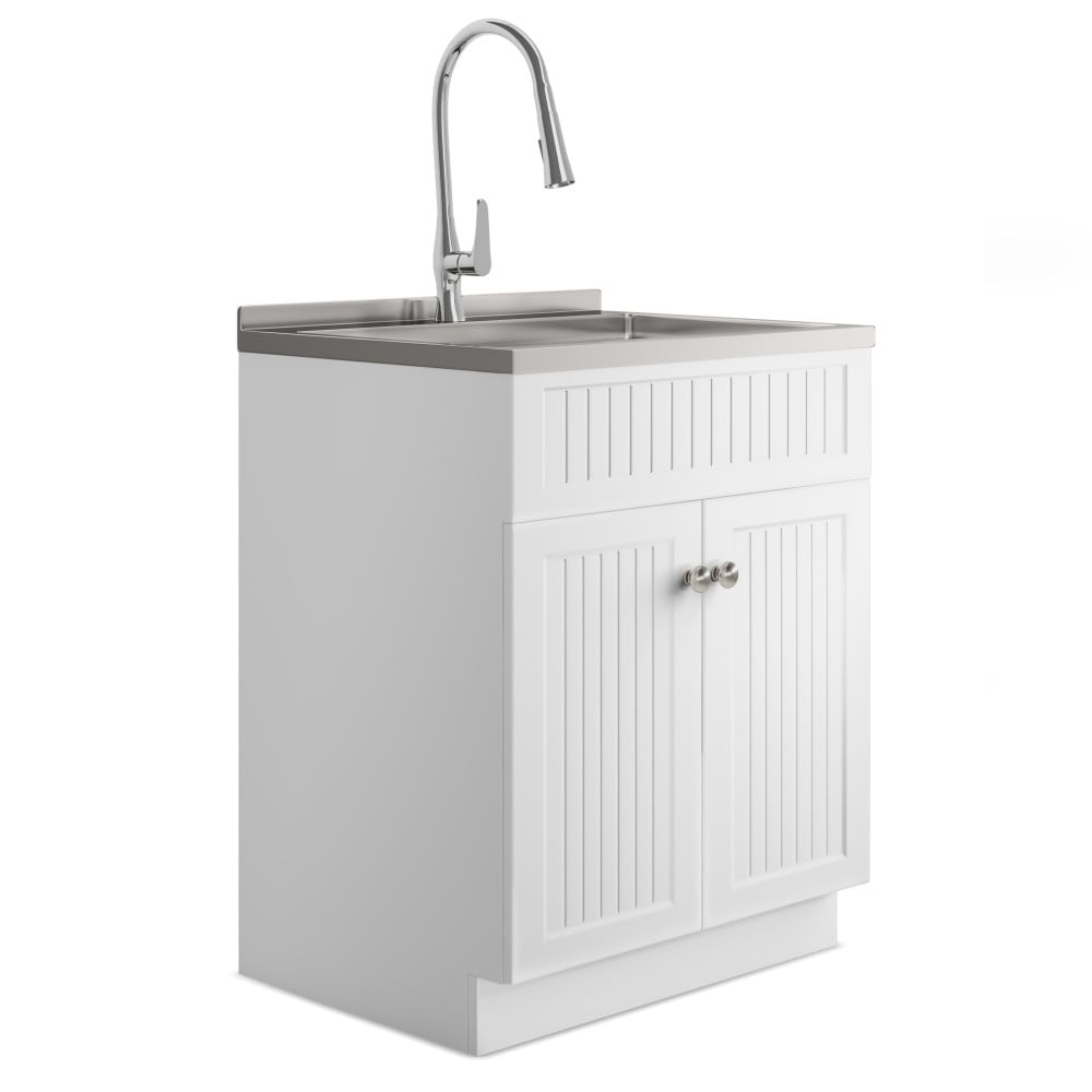 Simpli Home Guilford Freestanding 1-Basin Pure White Laundry Sink with Cabinet, Drain, and Faucet