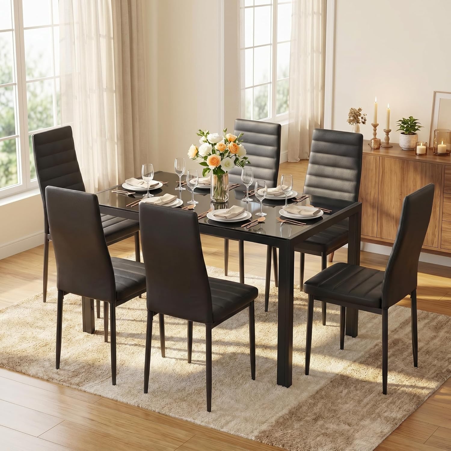 Lofka  6-Person Dining Table Set for 6 - Black Tempered Glass Kitchen Table Set with Faux Leather Chairs