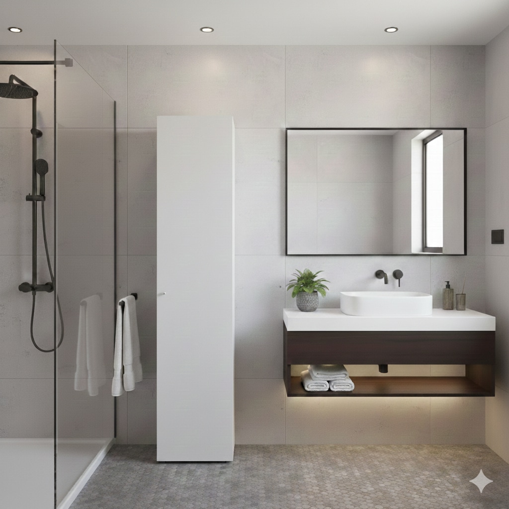 JUSHUA White Freestanding Linen Cabinet with Single Door and 4 Interior Shelves for Bathroom Bedroom and Laundry Room