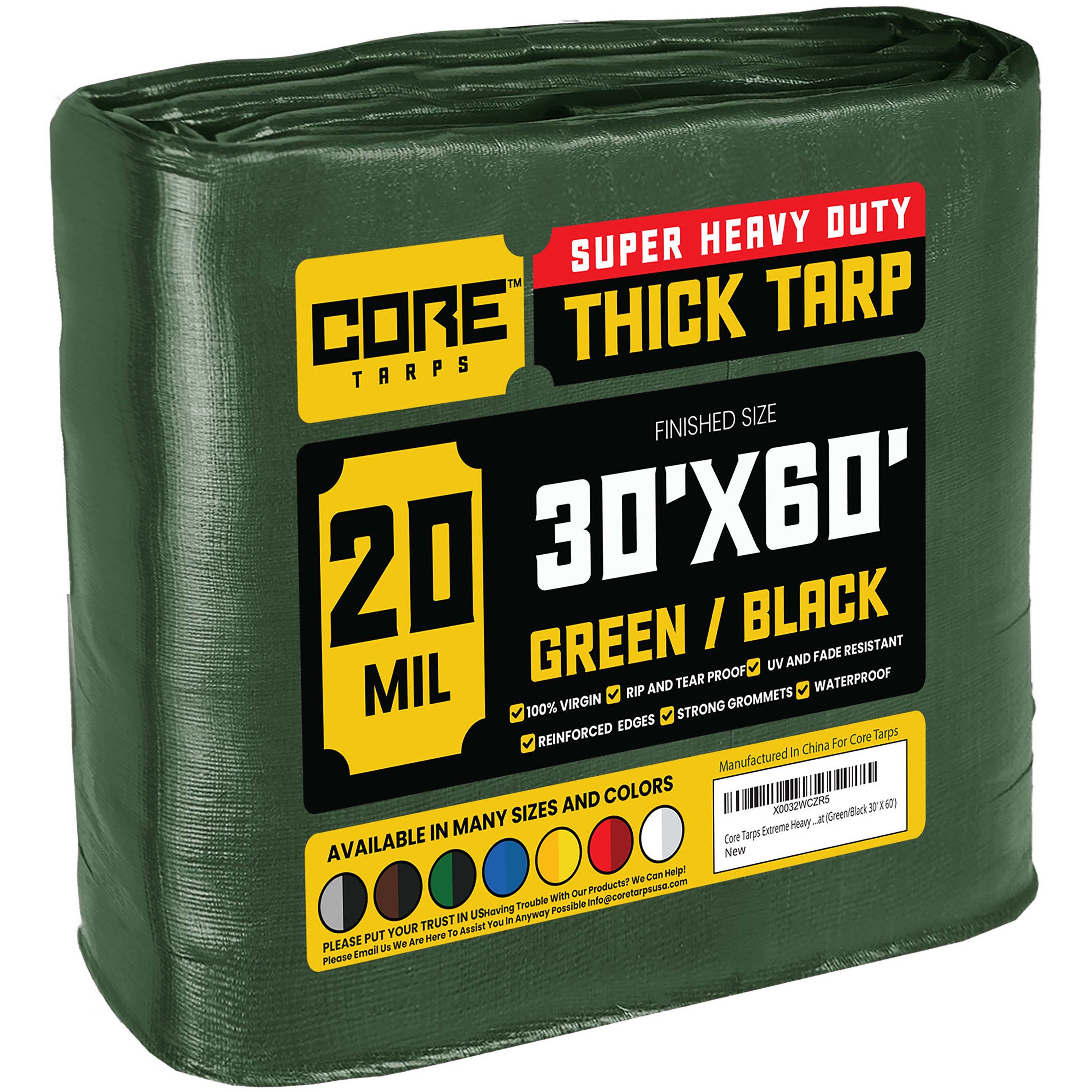 Core Tarps CT-703-30X60 30-ft x 60-ft Green Waterproof Commercial Polyethylene 20-Mils Tarp
