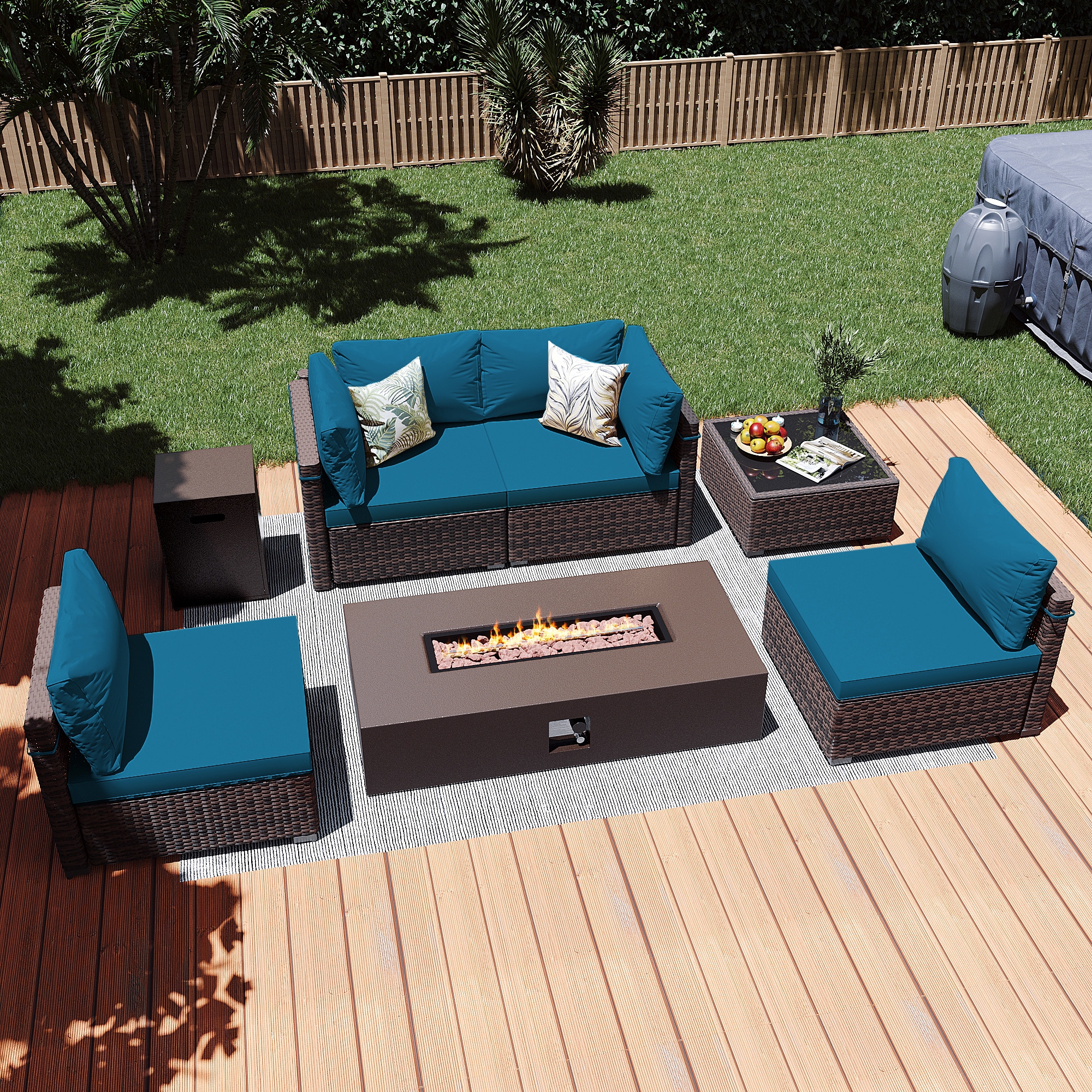 Patio Watcher LS-RT5-KD56BR-B3 6 -Piece Rattan Patio Conversation Set with Blue Cushions