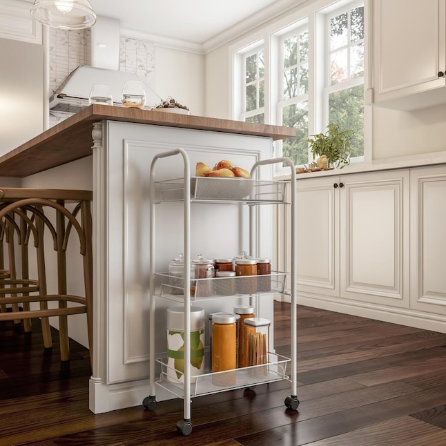 3 Tiered Narrow Rolling Storage Shelves, Wood To Use For Garage Shelves In Kitchen