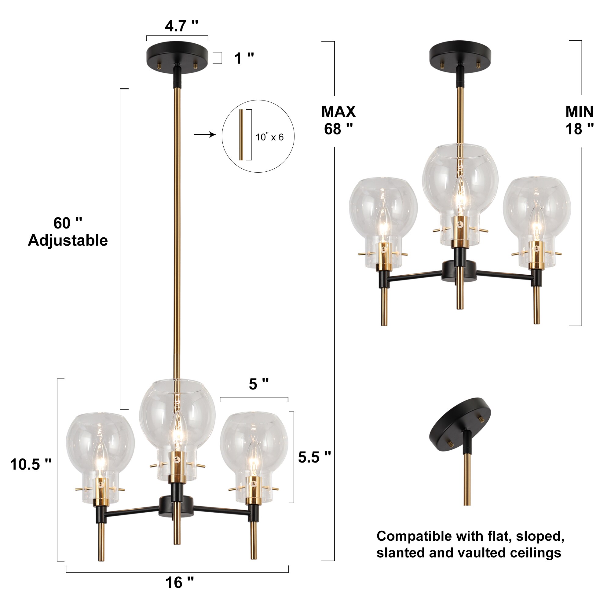 ZEVNI Berton 3-Light Matte Black and Gold with Clear Glass Modern