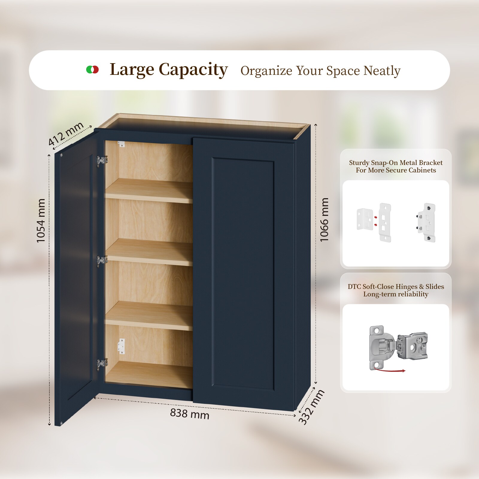 Vanityfus 33W x 12D x 42H inch Navy Blue Bathroom Wall Cabinet Solid ...