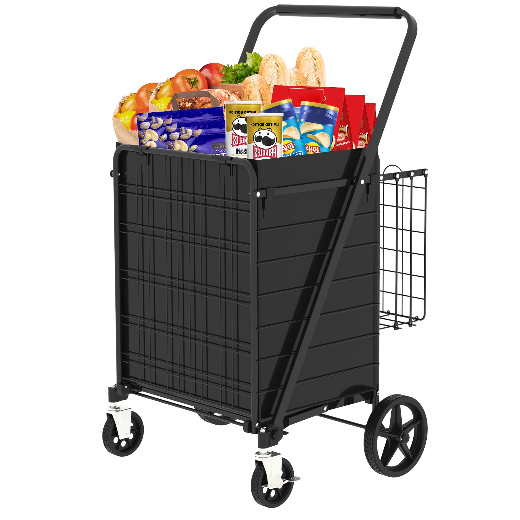 Tatayosi Large Shopping Cart with Brake;Grocery Cart on Wheels; Foldable Utility Shopping Carts with Double Basket and 360° Rolling Swivel Wheels for Groceries Laundry #XH-1P338725