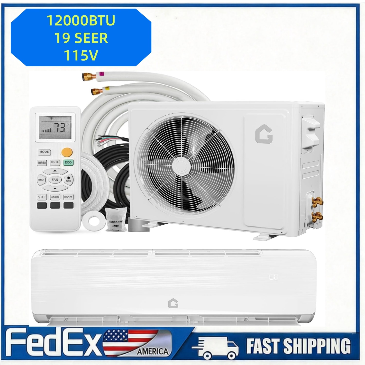 Garvee 12000 Btu 19 SEER2 Mini Split Ac/Heating System Ductless Heat Pump Wall Mount Ac Unit  Installation Kits 115v