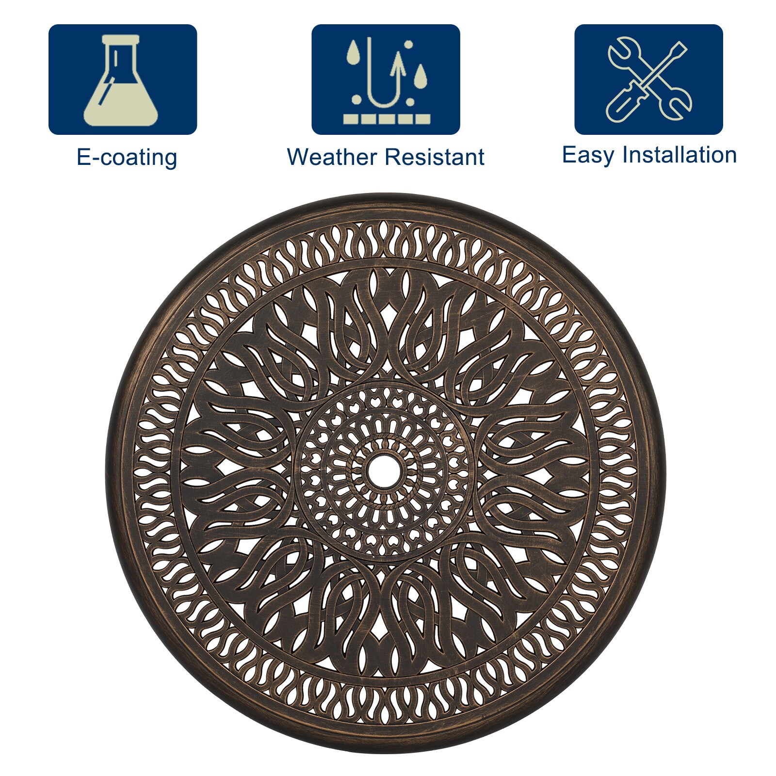Round Deep Bronze Aluminum Outdoor Dining Table with Umbrella Hole