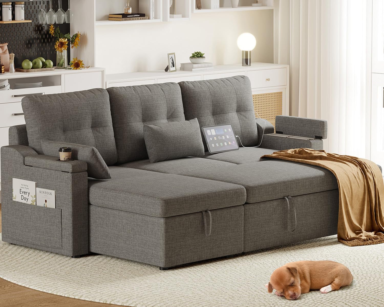 WhizMax PD-PHO-34QTGGM8 Reversible Sectional Sofa Couch - Pull Out Sleeper Bed - Built In Storage - Removable Cushion Covers - USB Type C Ports - L Shaped Design for Living Room - Gray