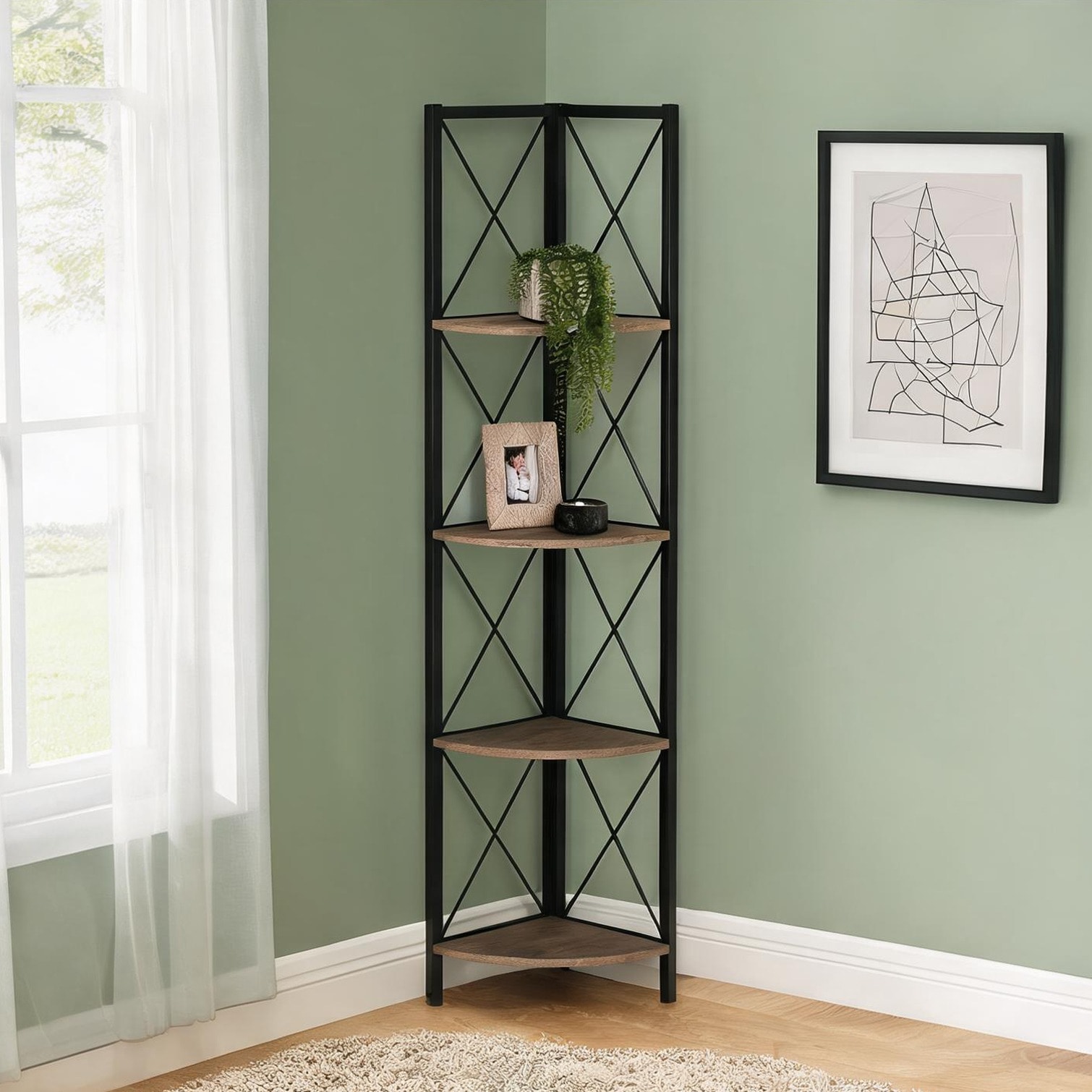 FlowLuxe Black Metal Corner Bookcase with Warm Beige Wood-Look Shelves 4-Tier Fan-Shaped Etagere for Modern Office or Bedroom