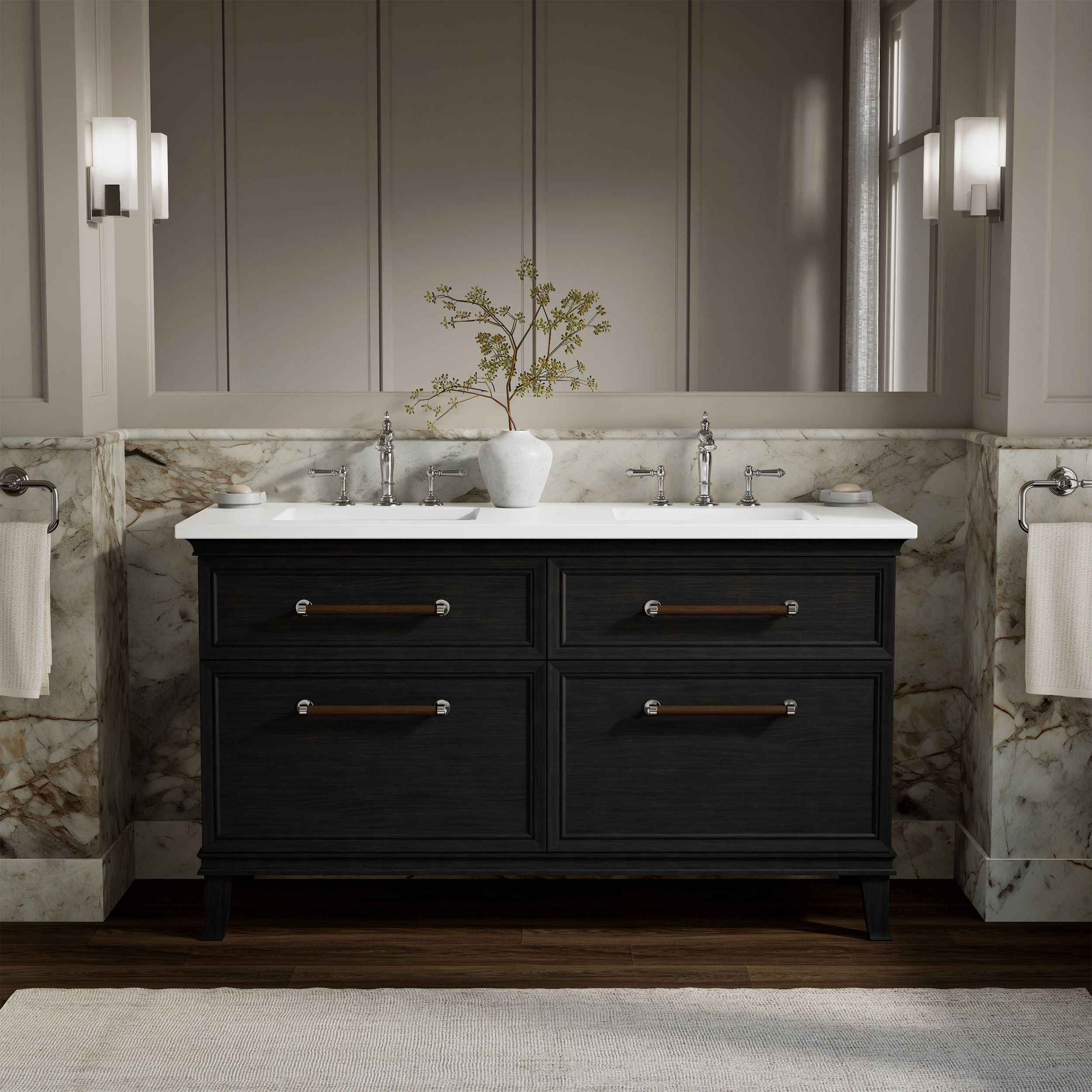 KOHLER Artifacts 60-in Carbon Oak with Miami White Top with Chrome Hardware Undermount Double Sink Bathroom Vanity with White Quartz Top