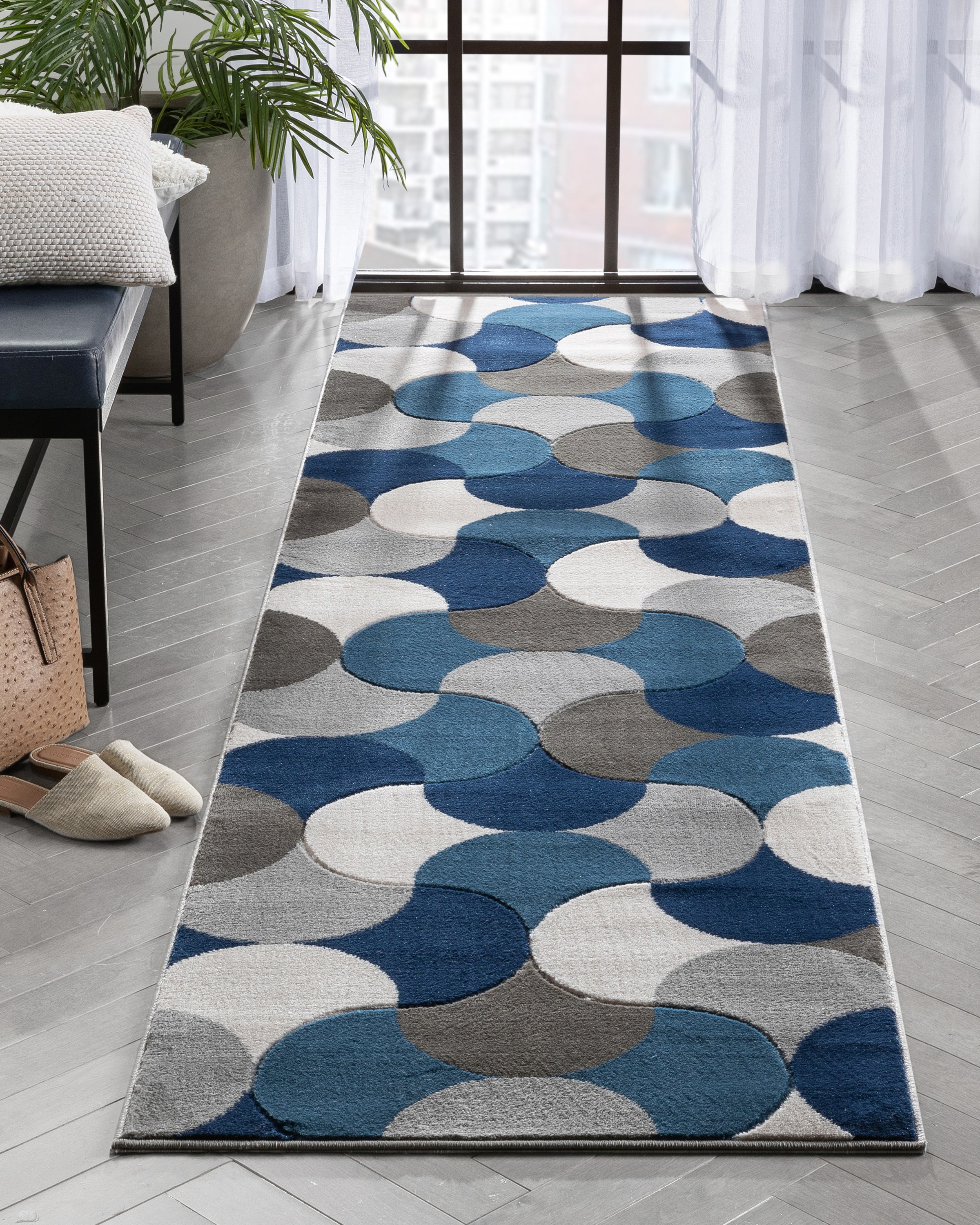 Well Woven GV-34-2L 2 x 10 (ft) Loomed Polypropylene Blue Rectangular Indoor Geometric Mid-Century Modern Runner rug