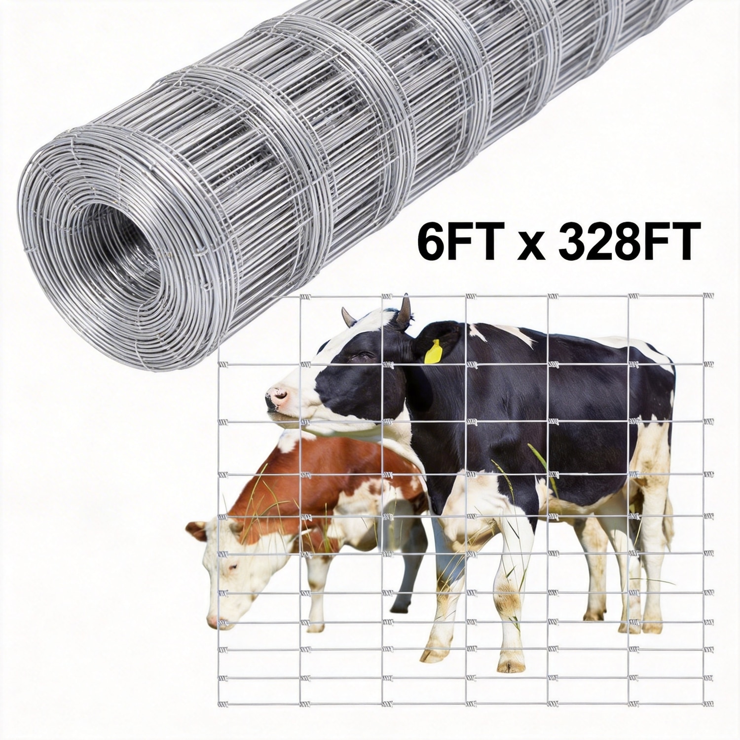 Garvee 6FT x 328FT Heavy Duty Galvanized Livestock Fence Zinc-Coated Wire Mesh Cattle and Goat Fencing Deer Protection Barrier Farm and Yard Animal Enclosure