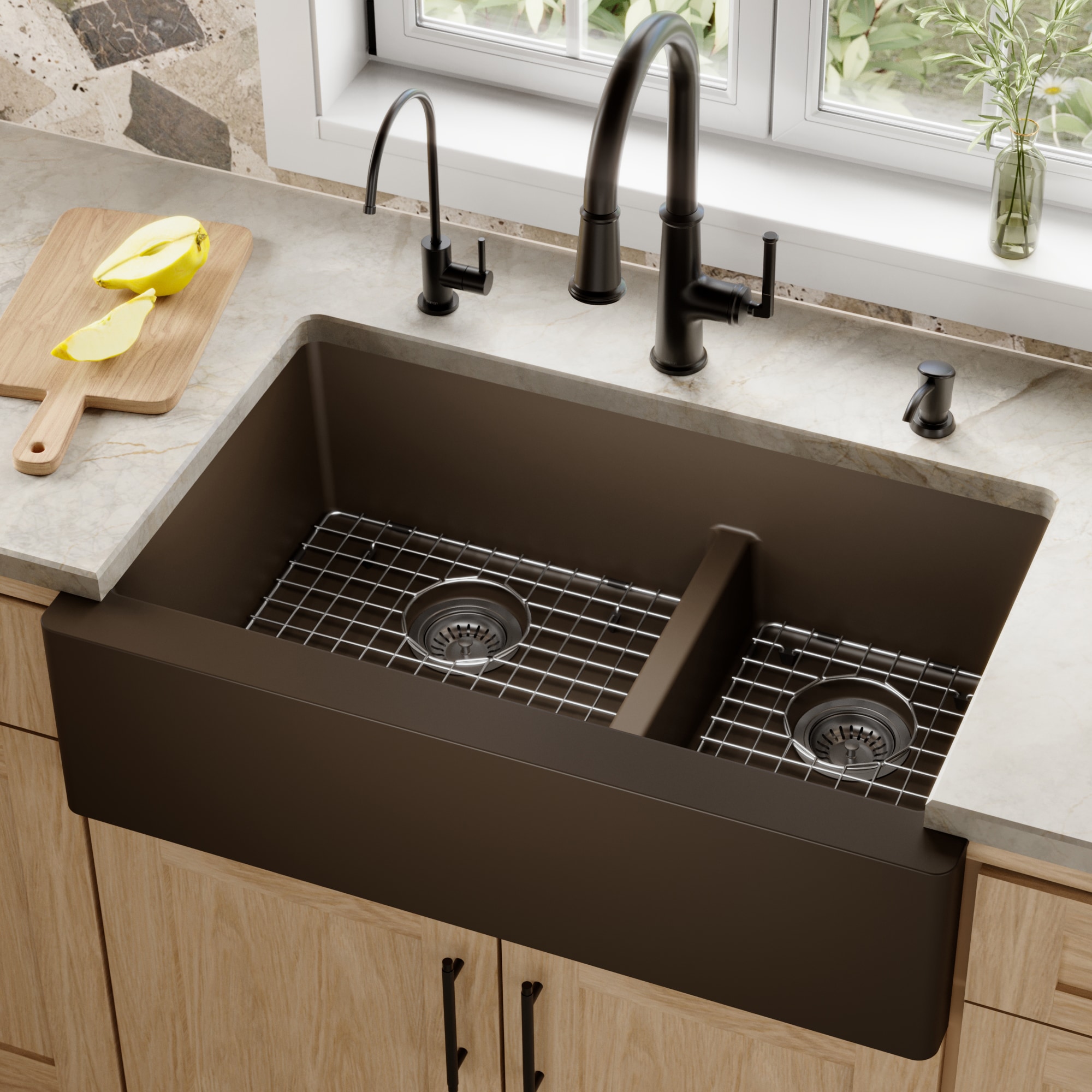 Karran - Farmhouse apron front 34-in x 21.25-in Quartz Double offset bowl Kitchen Sink
