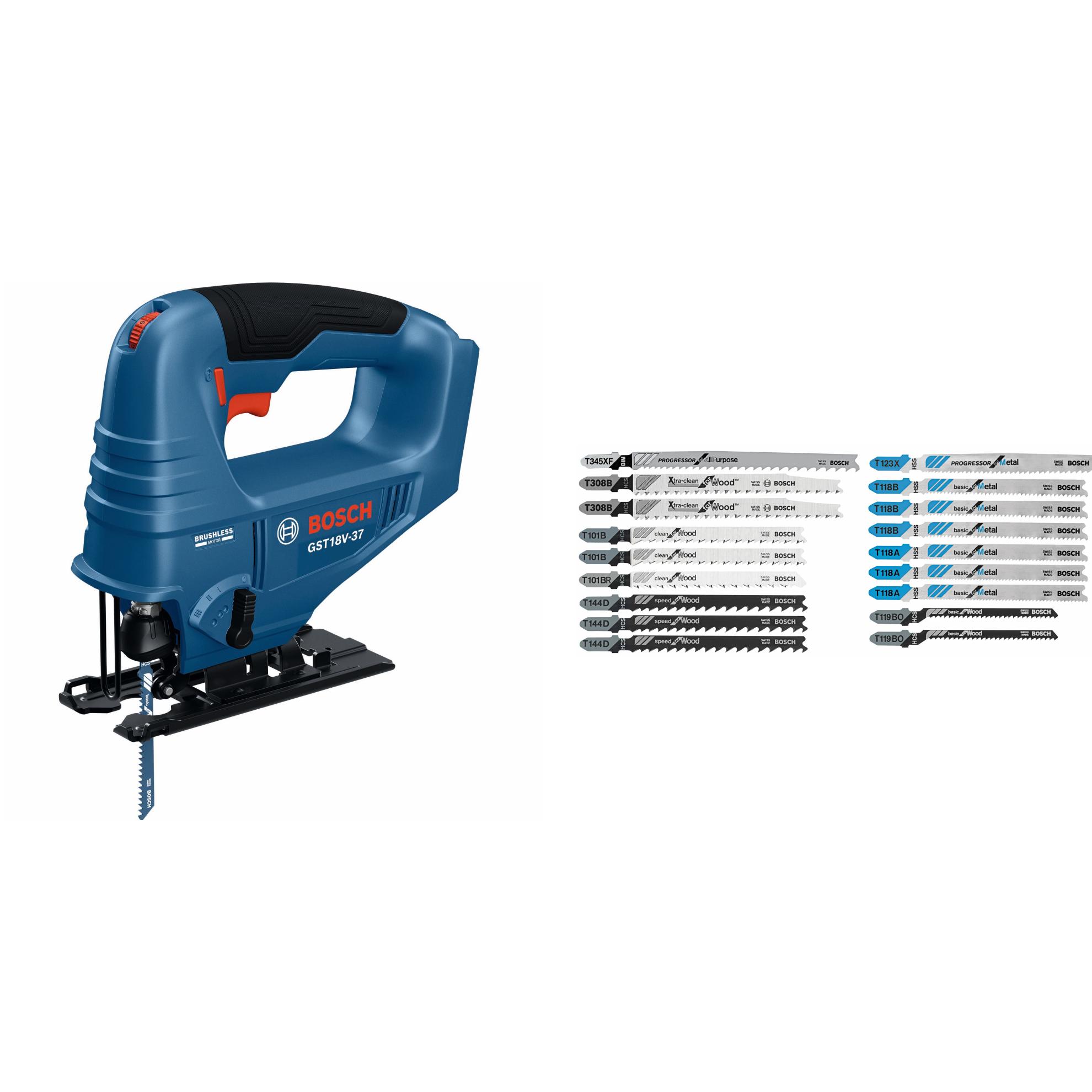 Bosch 18-volt 4 -Amp Brushless Variable Speed Keyless Cordless Jigsaw (Battery Not Included and Charger Not Included) with Bosch Set T-shank Carbon Bi-metal Jigsaw Blade Set ( 18 -Pack )