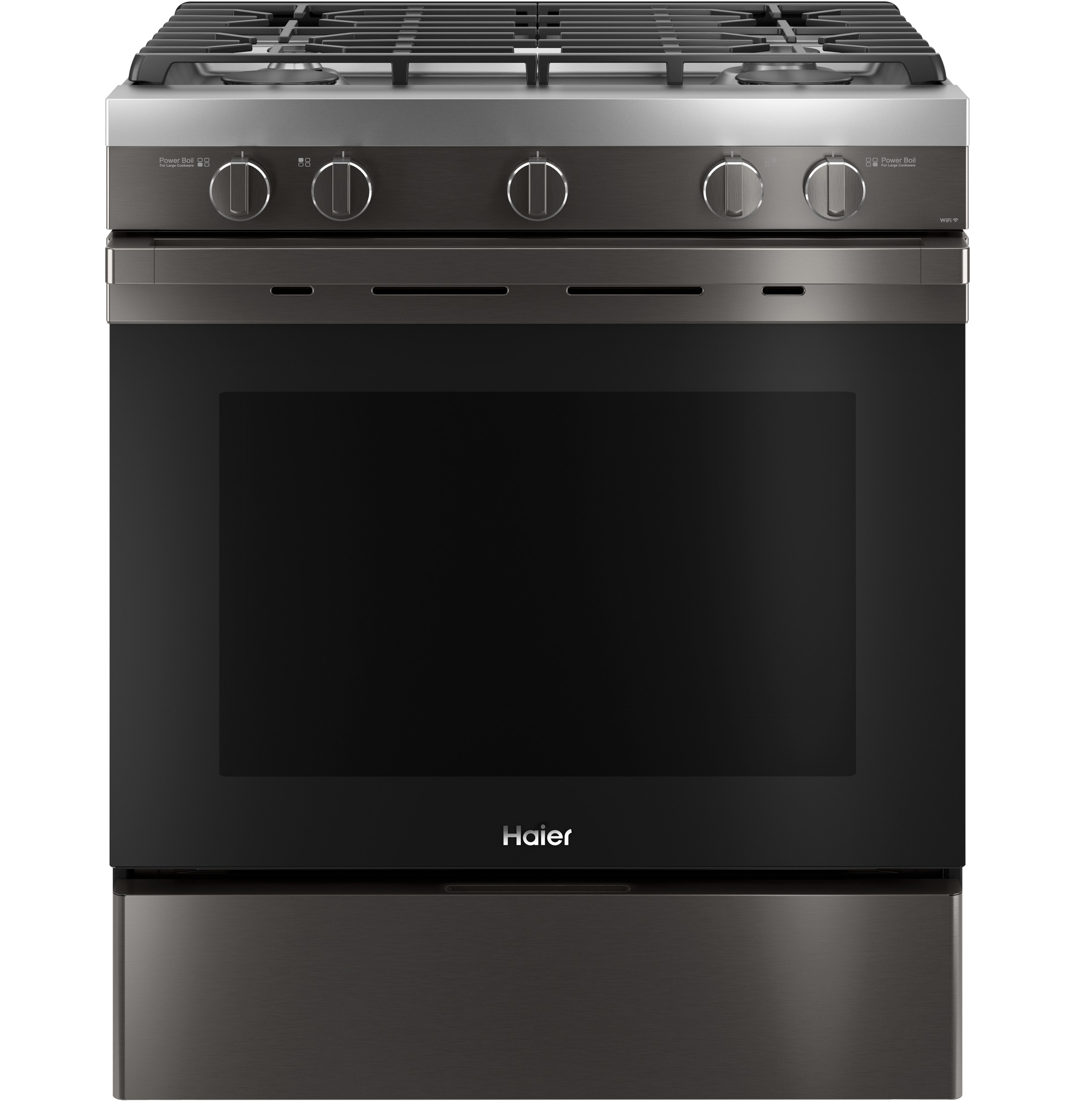 Haier QGSS740BNTS Smart 30-in 4 Burners 5.6-cu ft Air Fry Convection Oven Slide-in Gas Range (Black Stainless)