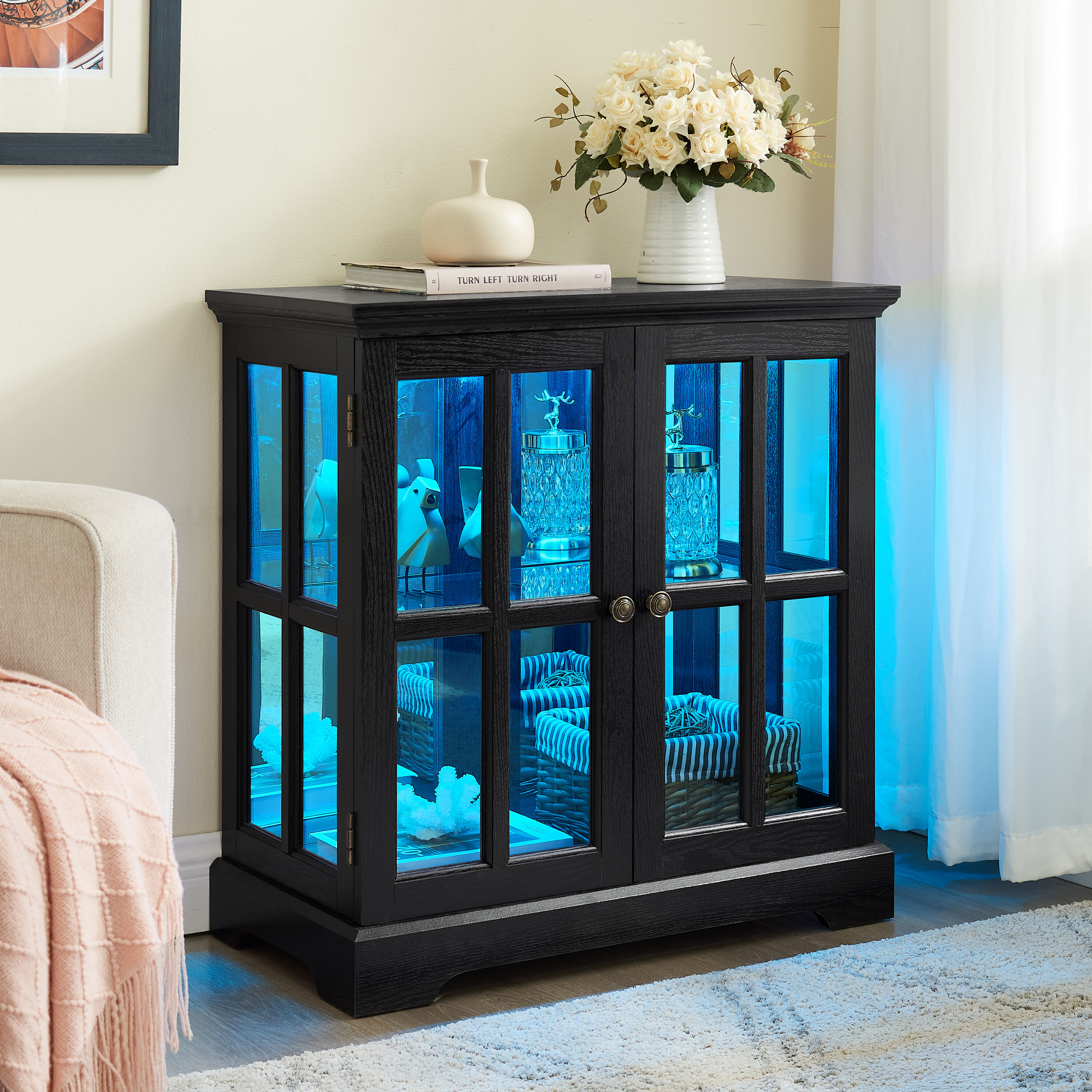 LOVMOR SF-Y-W2275P300146 LED Curio Display Cabinet  Antique Display Cabinet with Adjustable Shelves  Retro Design Quality Showcase with Lattice Doors Elegant Bookcase and Storage Cabinet for Home Decor and Organization BLK