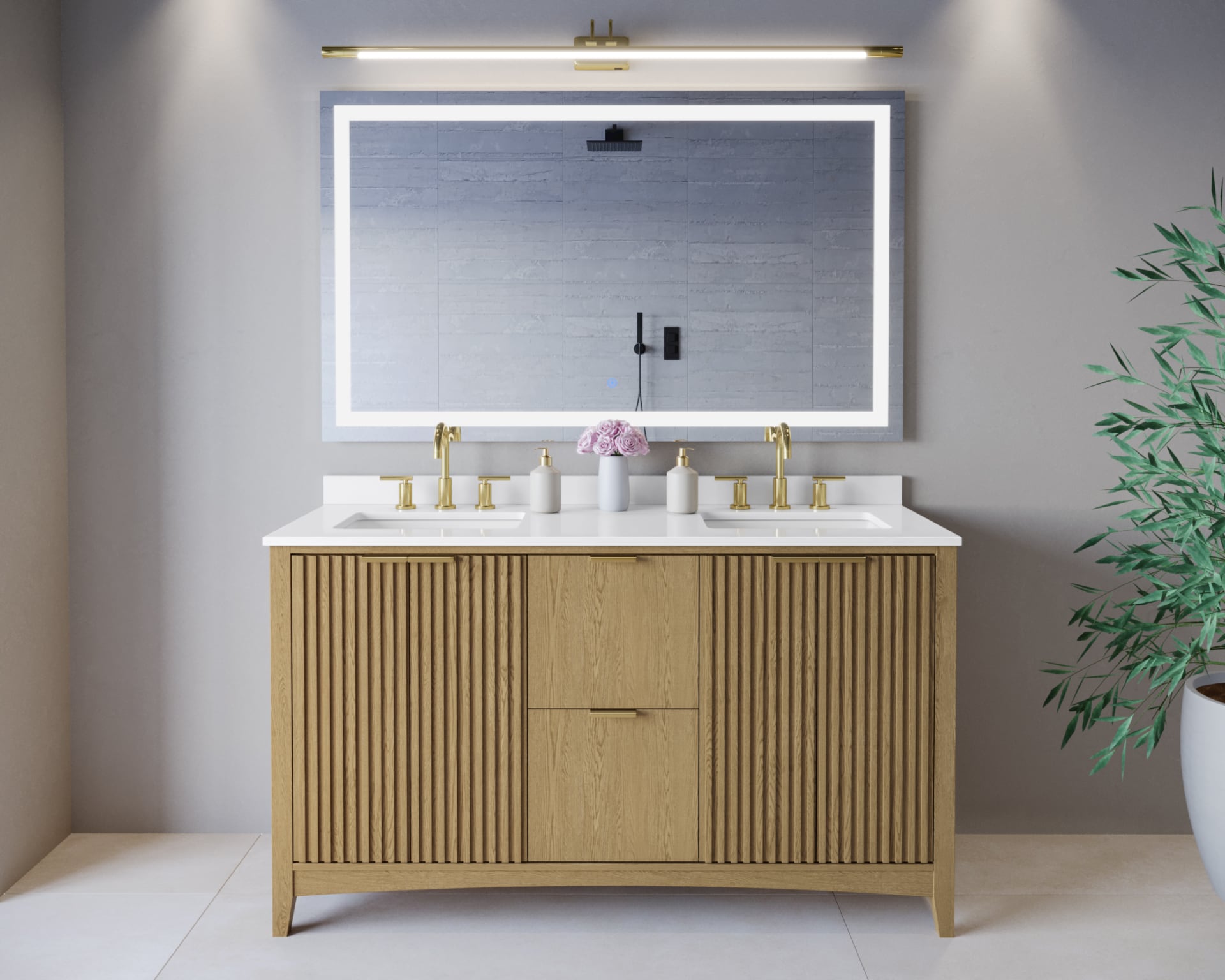 Wyndham Collection Palmilla 60-in Natural Oak with Brushed Gold Trim Undermount Double Sink Bathroom Vanity with White Quartz Quartz Top