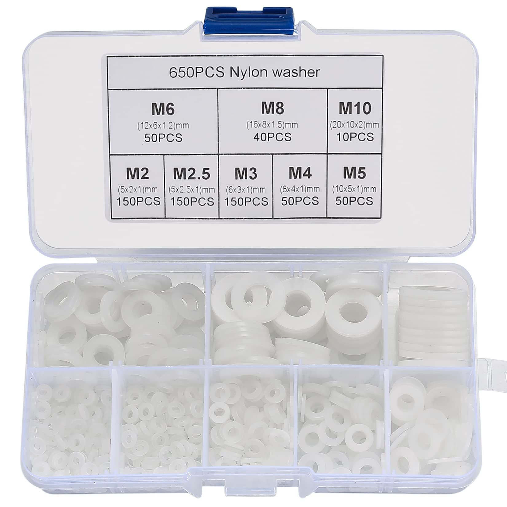 Misopily  650 Pcs White Nylon Flat Washer Assortment Kit Round Flat Nylon Washers for Household Commercial Appliances Electrical Connections 5 to