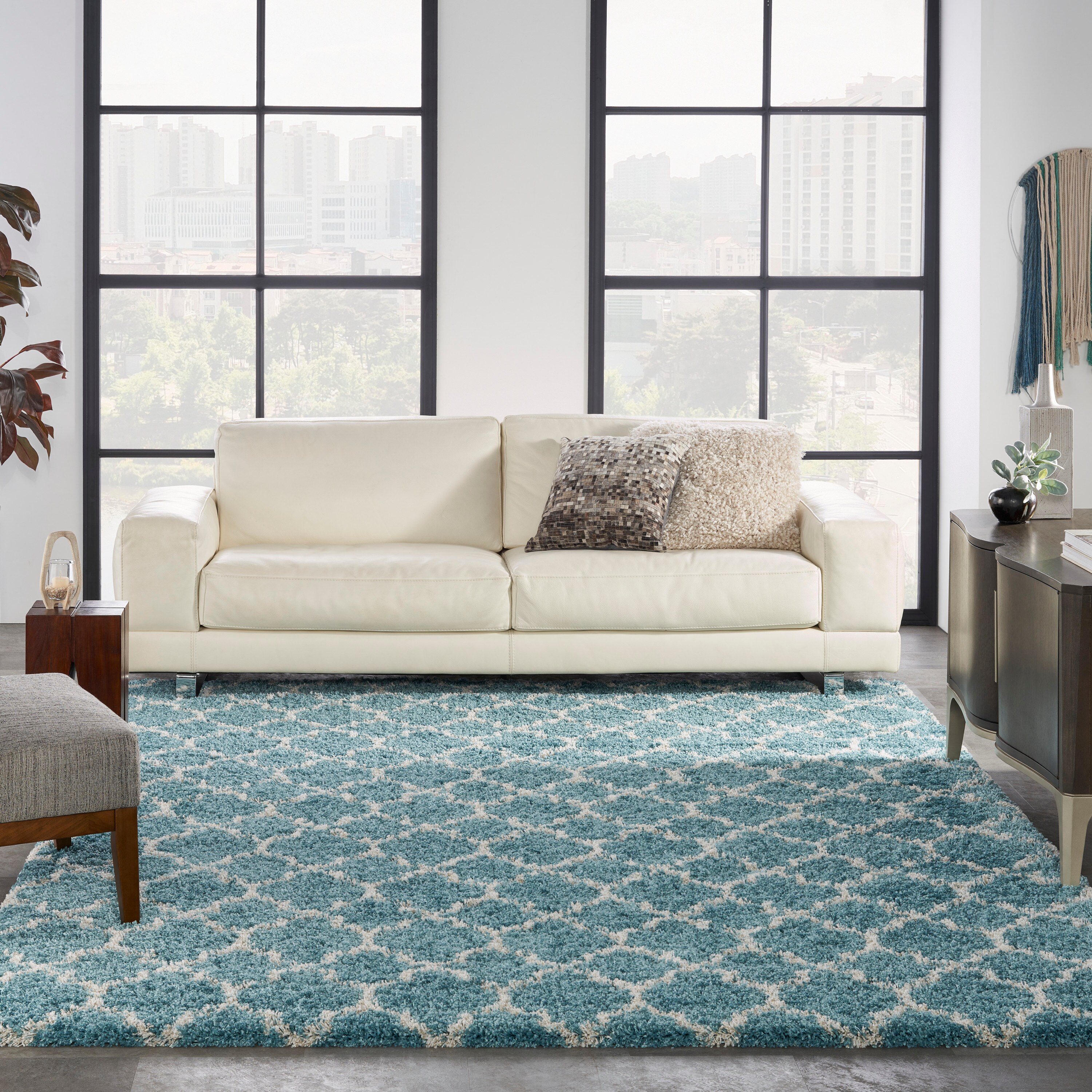Aqua Rectangular Reversible Shag Synthetic Area Rug