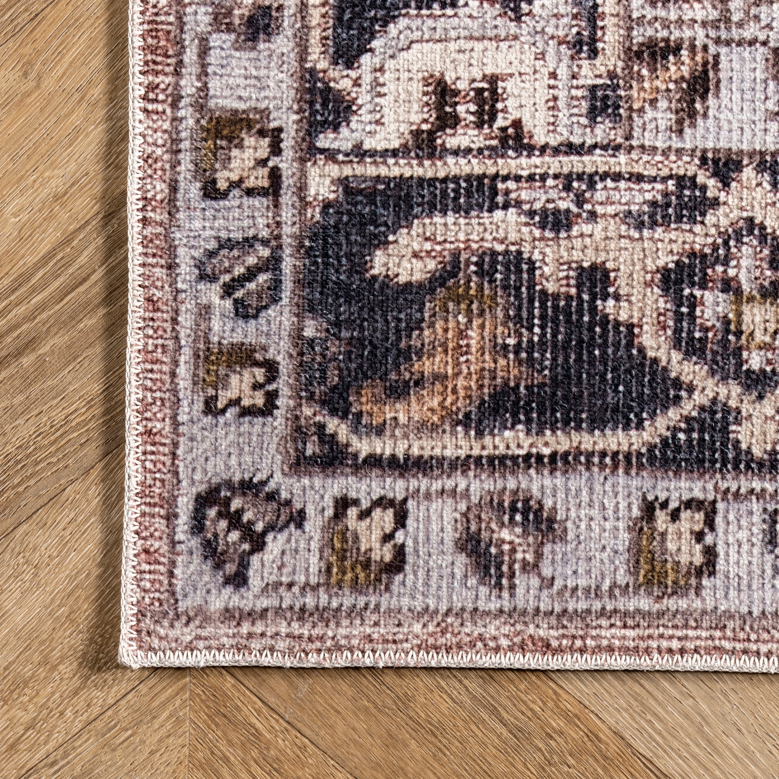 Gray and Pink Square Synthetic Medallion Area Rug, 6'