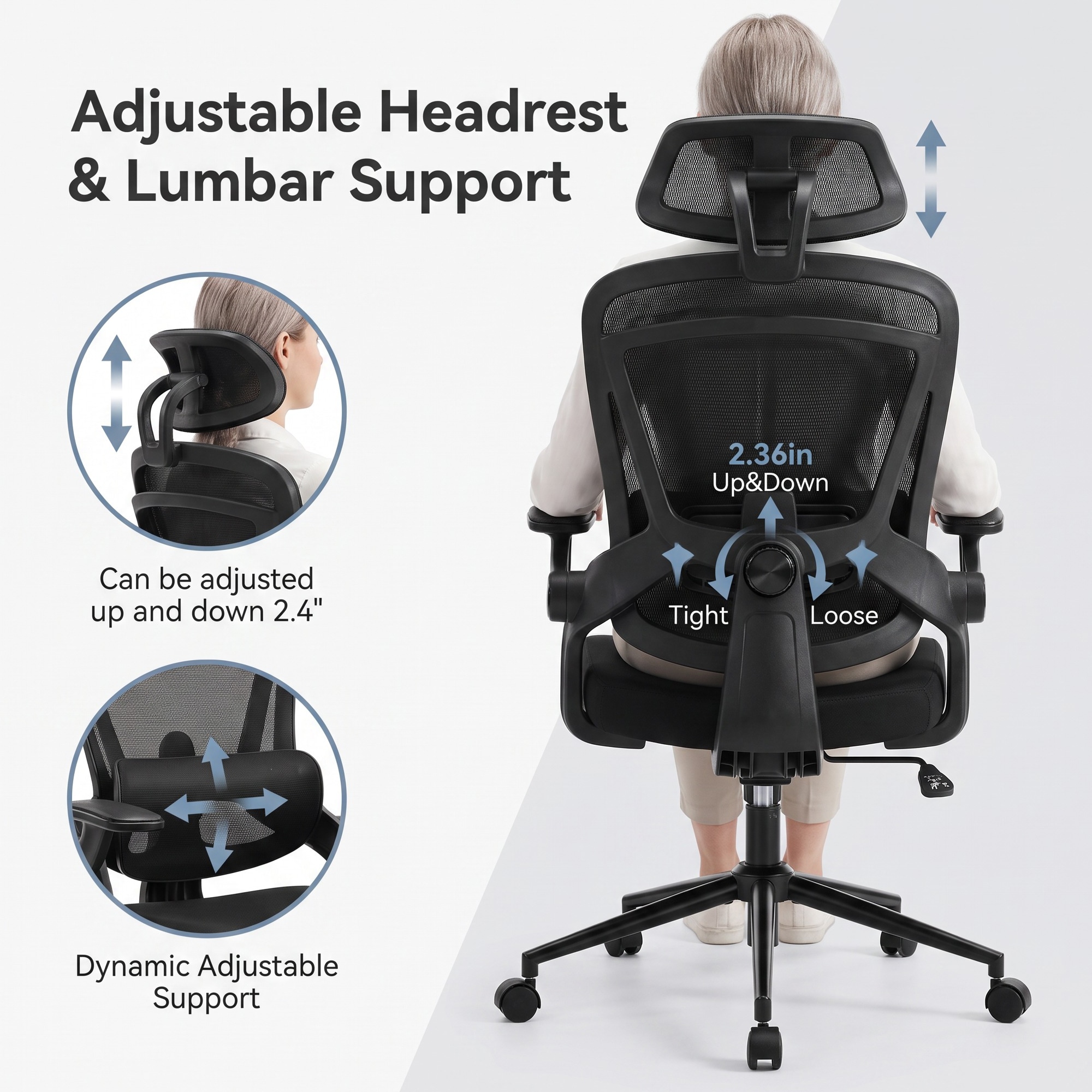 Vynxaria Black Mesh Desk Chair with Adjustable Lumbar Support and Flip ...