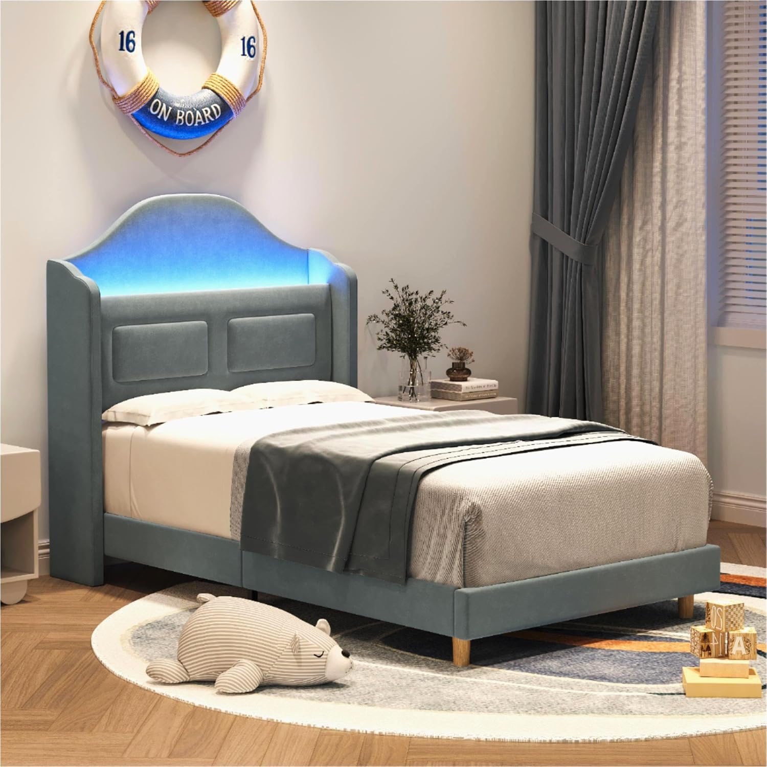 Qeetex LHF-BED-PHO-15HU3URU Upholstered Twin Bed Frame with LED Lights Velvet Platform Bed Frame with Wing Back Storage Headboard Wood Slats Support No Box Spring Needed Easy Assembly Blue