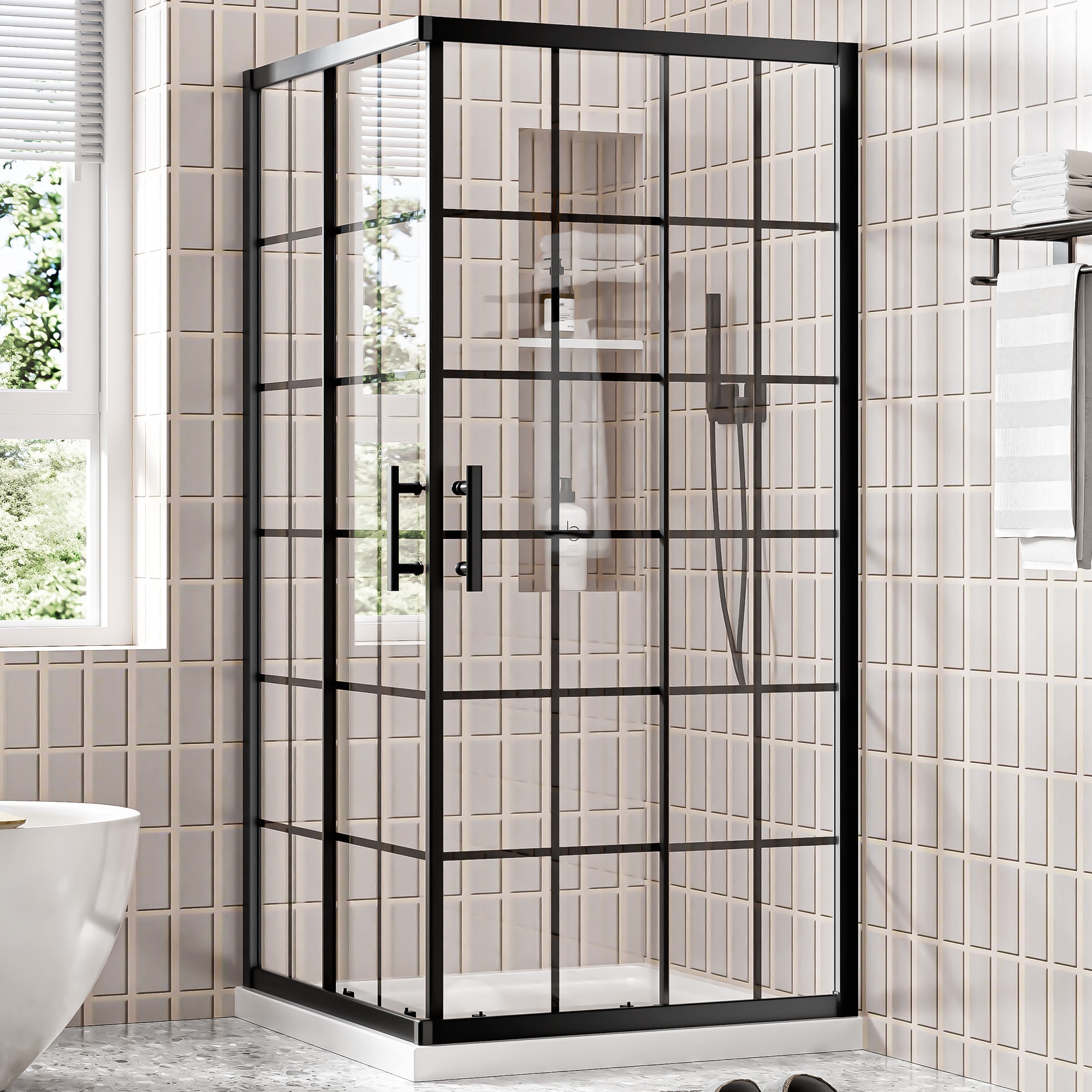 Miuara - Matte Black Grid 36-in W x 72-in H Aluminium Frame Clear Glass Corner Sliding Shower Door