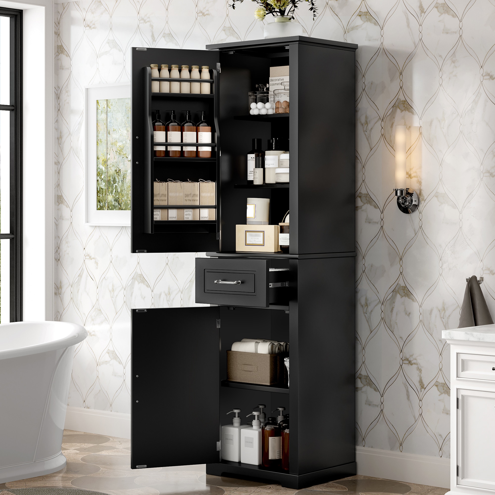 ModernLuxe L3P-N725P257456B Tall Bathroom Storage Cabinet Freestanding Storage Cabinet with Two Different Size Doors and Adjustable Shelf Door Shelve Design MDF Board with Painted Finish Black