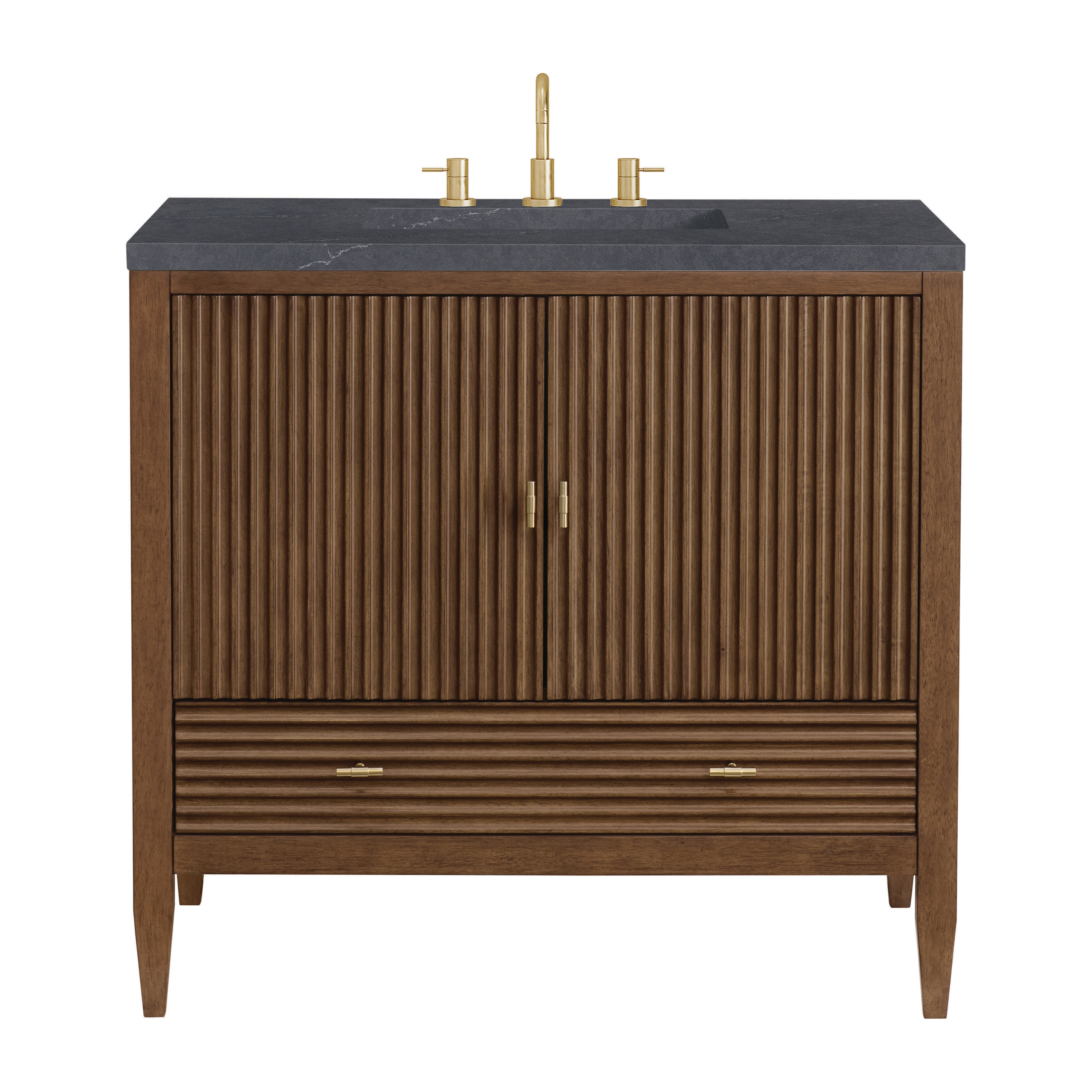 James Martin Vanities 485-V36-WLT-3CSP Myrrin 36-in Mid-century Walnut Undermount Single Sink Bathroom Vanity with Charcoal Soapstone Quartz Top