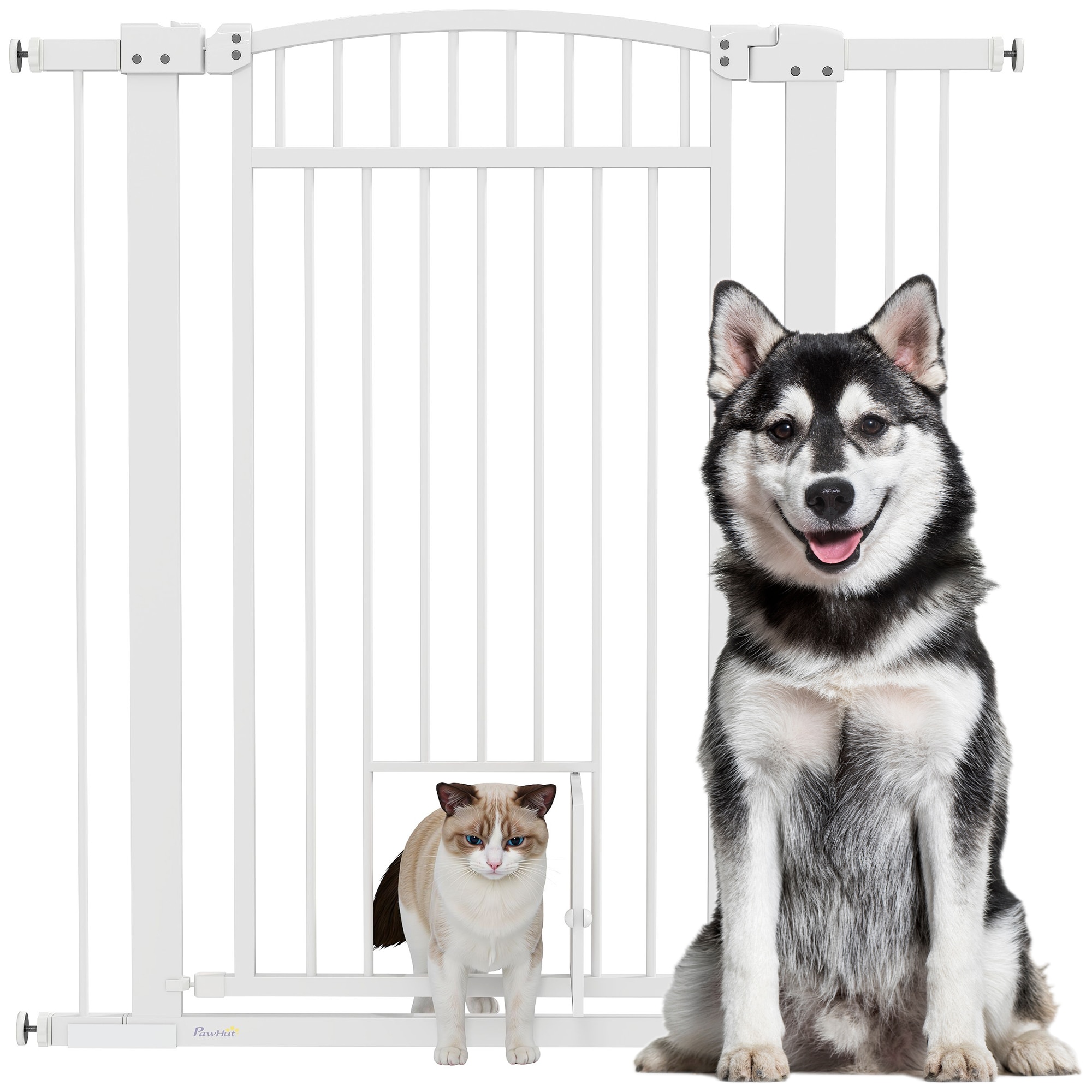PawHut D06-238V12WT Pet Gate Indoor with Cat Door 30inch-41inch Dog Gate Extra Wide Walk Through Puppy Gate 3-Inch and 5.5-Inch Extension Kits Pressure or Hardware Mounted for Stairway Doorway Hallway 42inch High