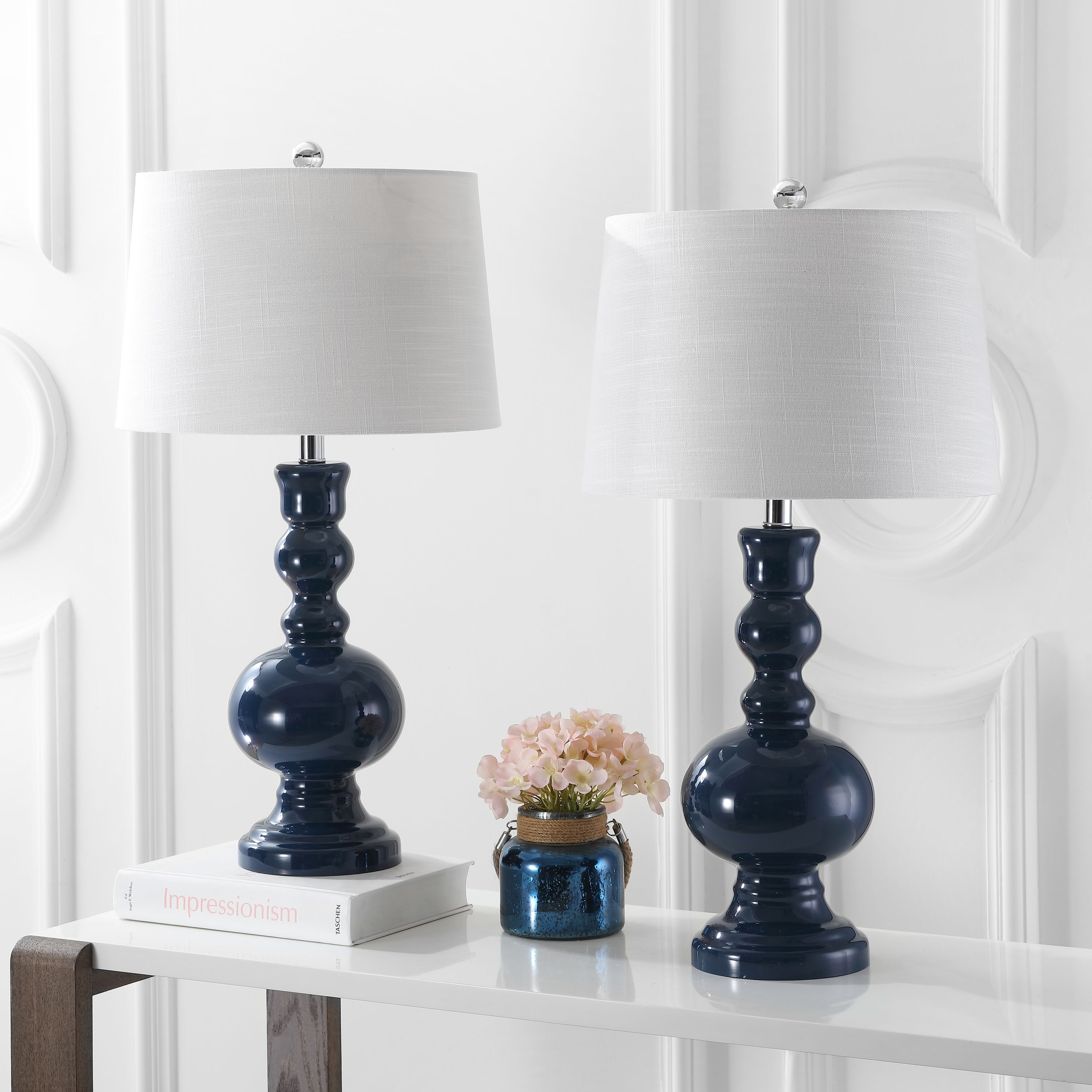 JONATHAN Y Genie Glass Contemporary Transitional 28.5 in Navy Led Rotary Socket Table Lamp with Linen Shade Set of 2 JYL1061E SET2 at Lowes