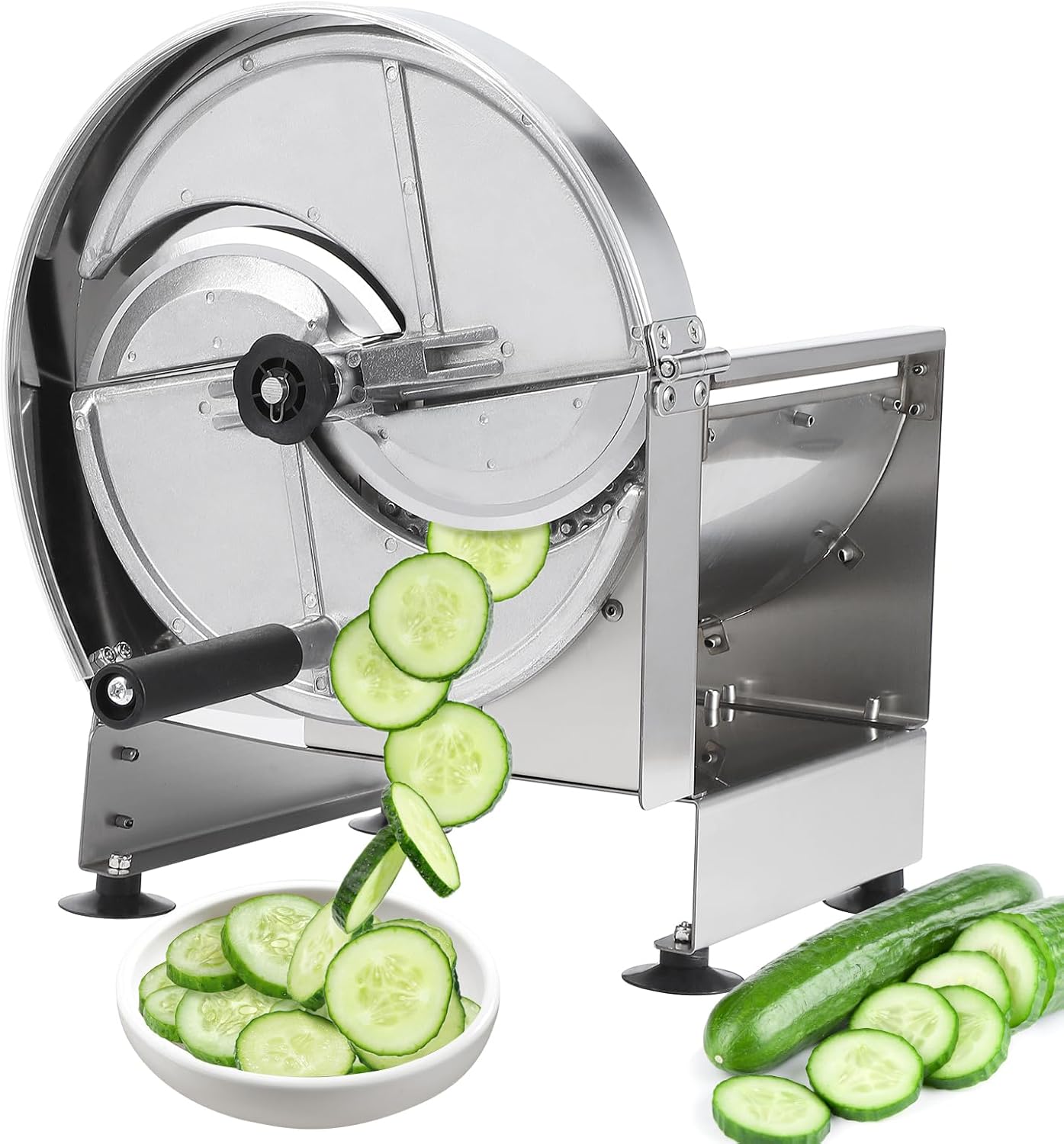Qeetex QPJ-PHO-139VAAO2 Commercial Vegetable Slicer Manual Stainless Steel Fruit And Vegetable Slicing Machine With Adjustable Thickness 02 To 10mm Large Capacity Feeding Port Stable Suction Cup For Lemons Onions Cabbage And More